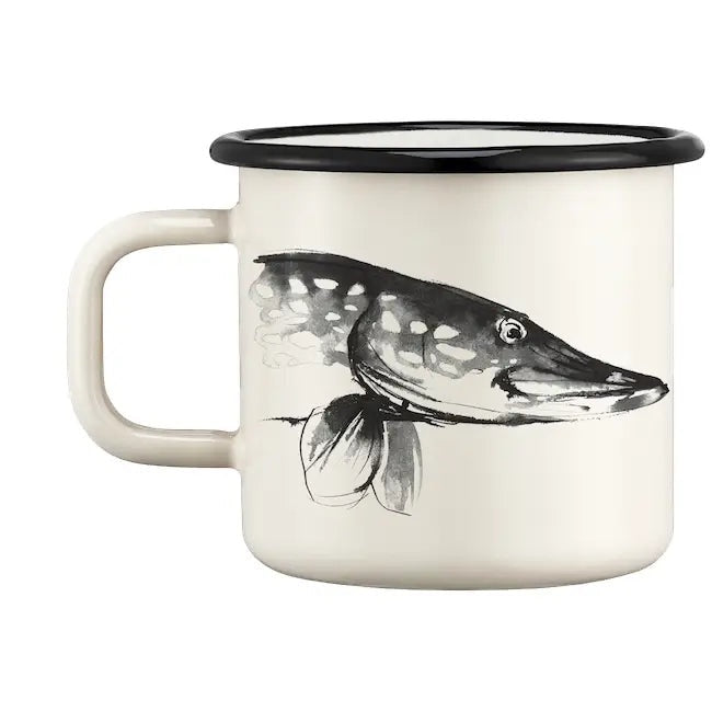 Forager Provisions LTD Muurla enamel mug featuring a black and white pike illustration on a cream background