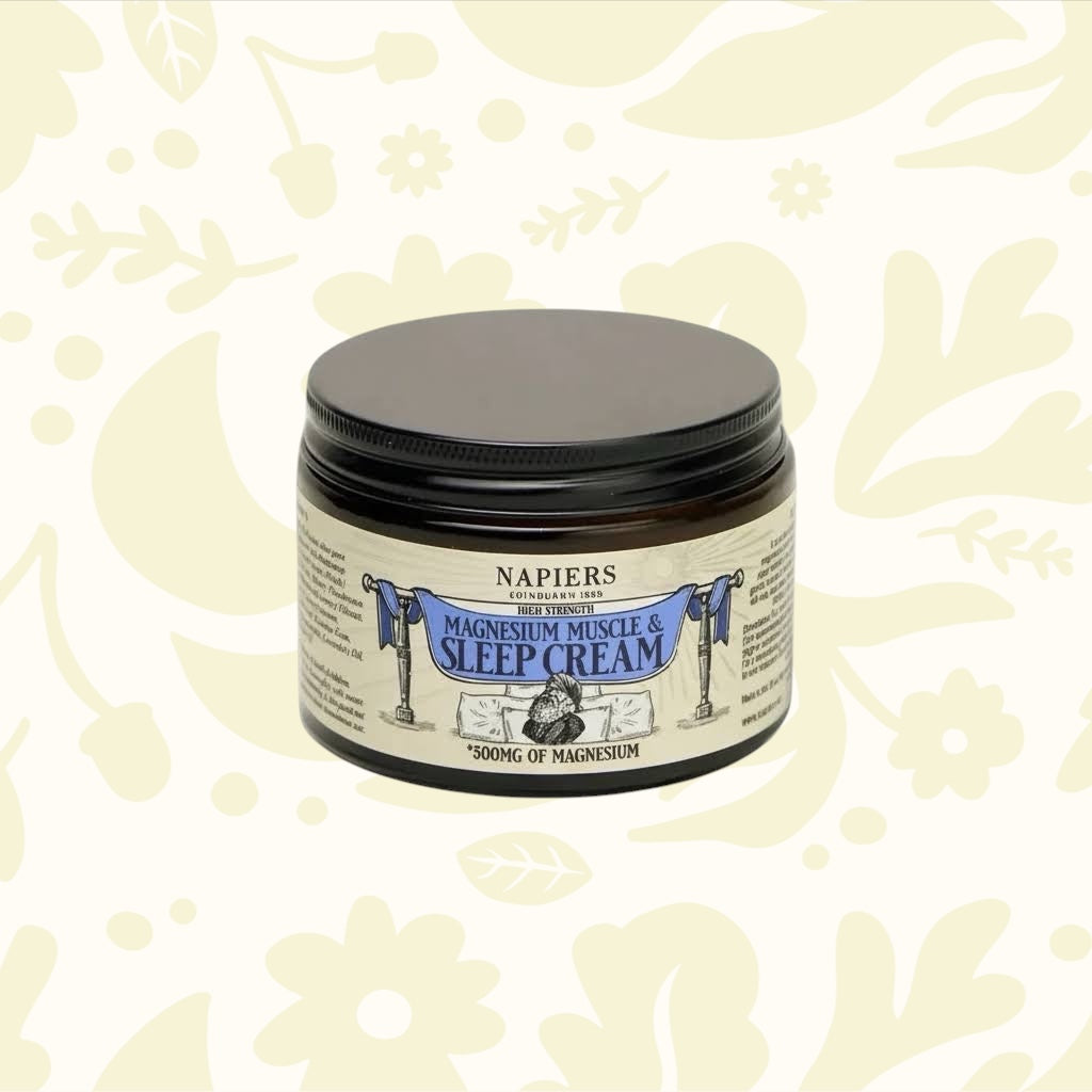 Forager Provisions LTD Napiers Magnesium Muscle & Sleep Cream in a dark glass jar against a textured white background.