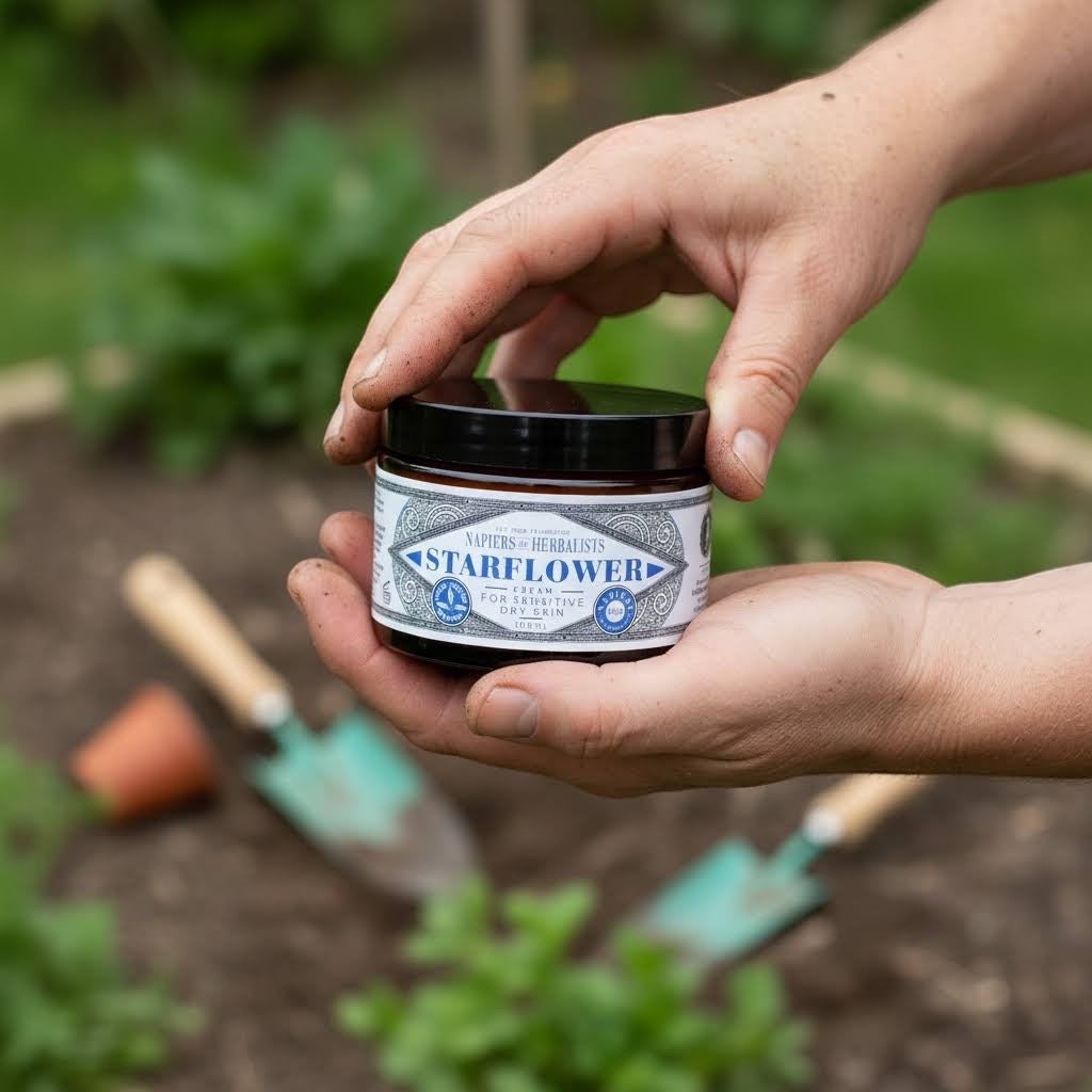 Forager Provisions LTD Napiers Starflower Dry Skin Cream jar held in hands over a garden with tools in the background.