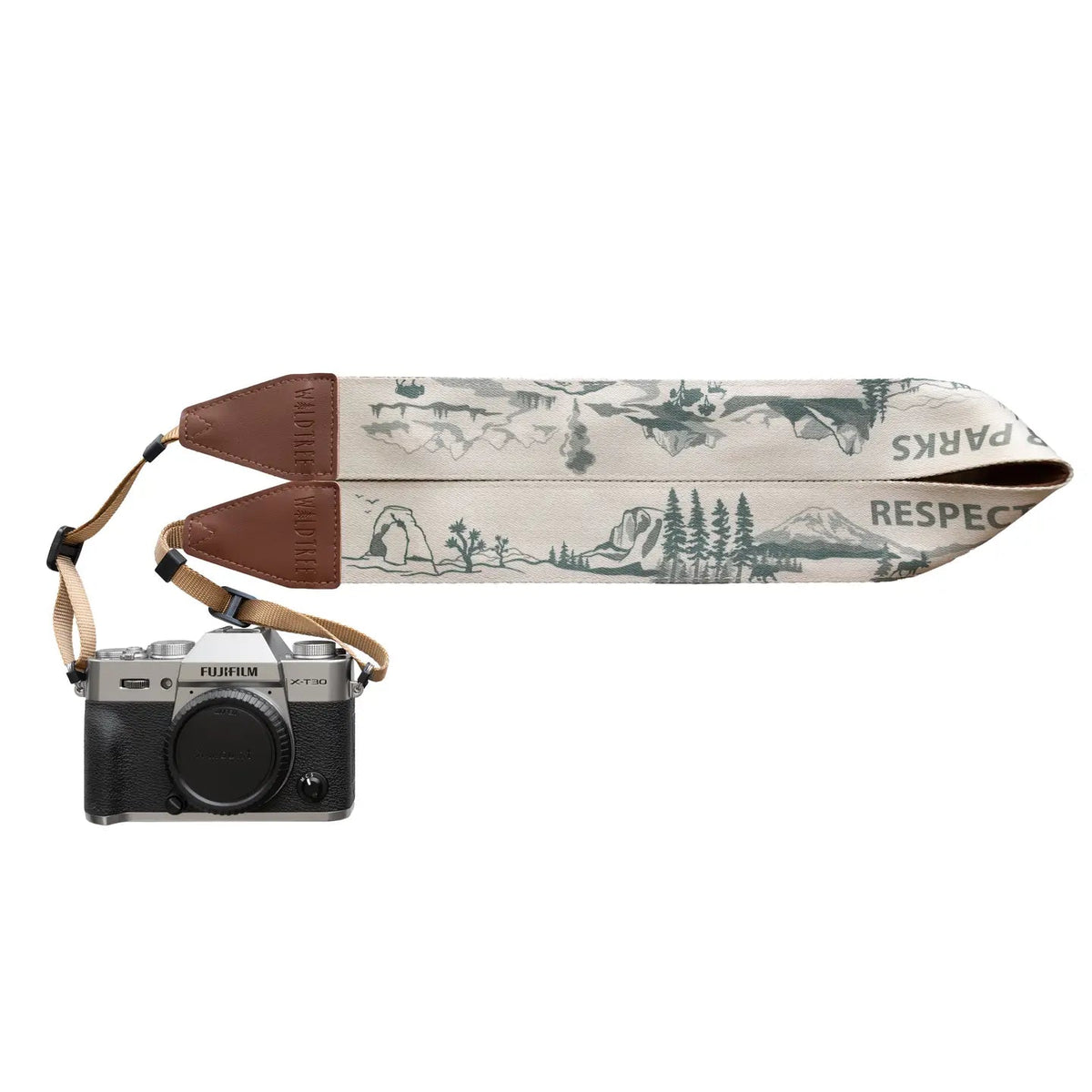 Forager Provisions LTD Wildtree National Parks camera strap with landscape print, brown leather ends, and Fujifilm camera