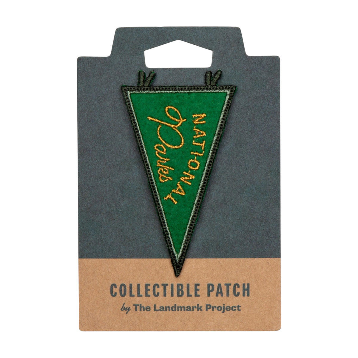 Forager Provisions LTD National Parks pennant shaped iron-on patch with green felt and gold embroidery on display card.
