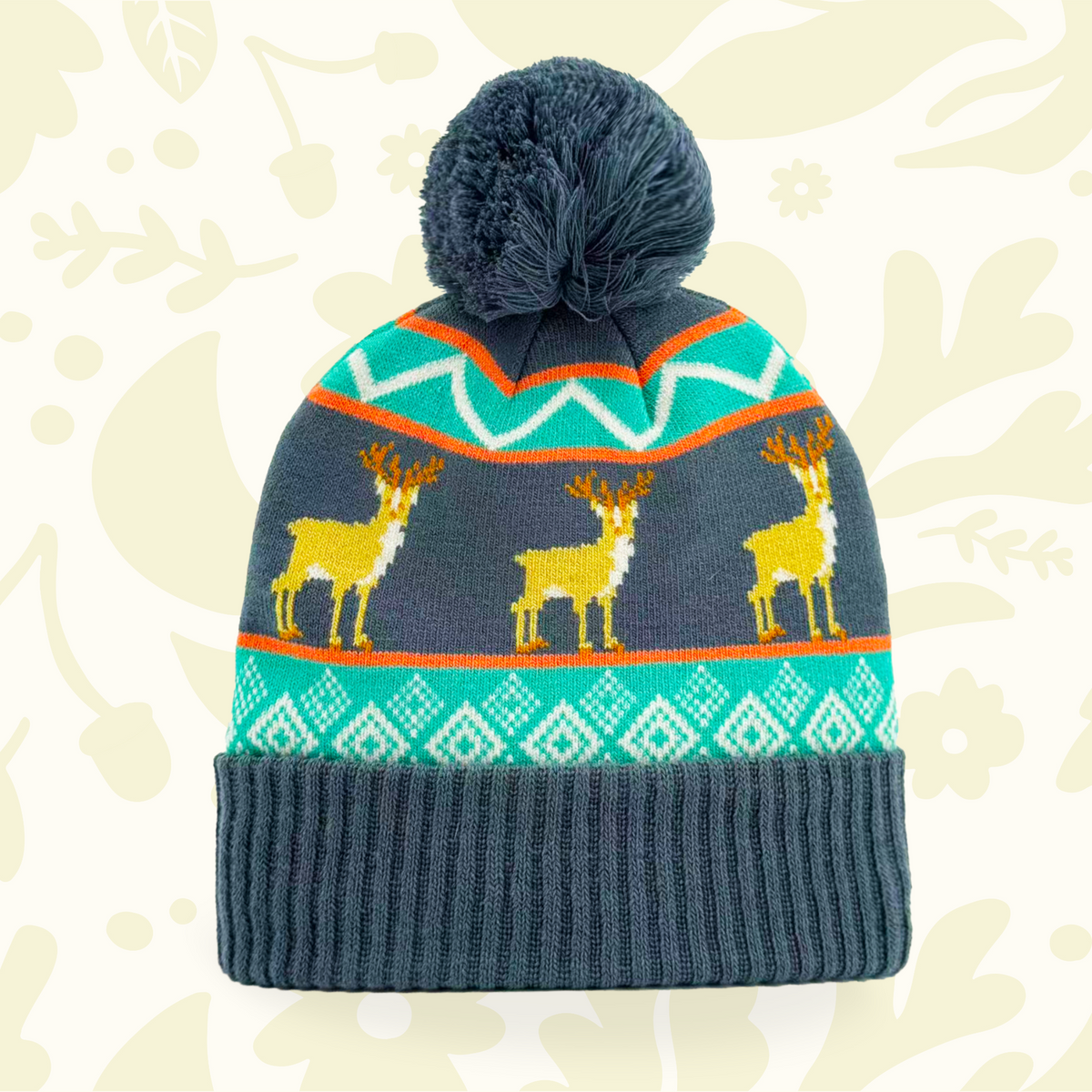 Forager Provisions LTD Northern Icons Creations grey knitted beanie with a Nordic deer pattern and a pom pom.