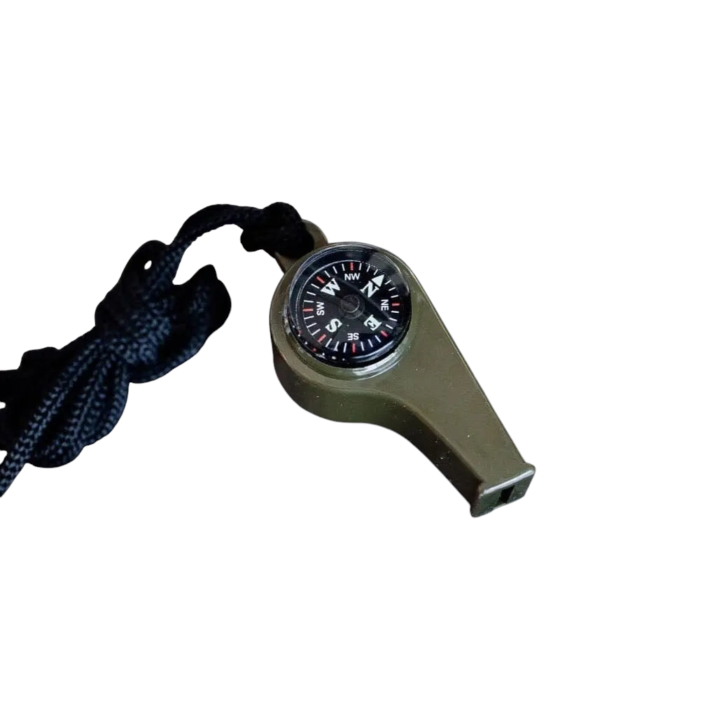 Forager Provisions LTD Bradley Mountain OD green thermoplastic survival whistle with integrated compass and black lanyard