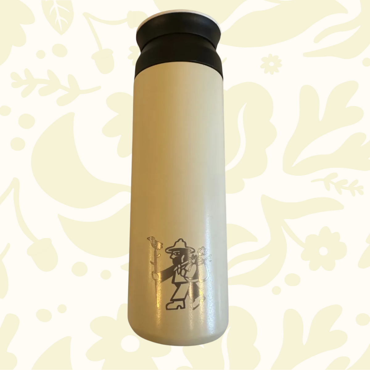 Forager Provisions 500ml Collard Dove Egg Travel Mug, black lid, hiker outline, stainless steel insulated coffee tumbler.