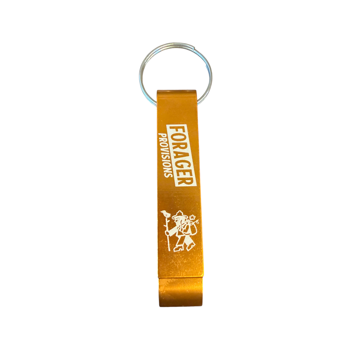 Forager Provisions LTD orange metal bottle opener keyring with white logo and hiker graphic