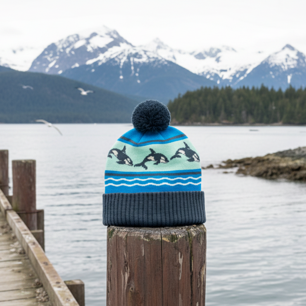 Forager Provisions LTD knit beanie with orca whale pattern and pom-pom, displayed on a wooden post by the ocean.