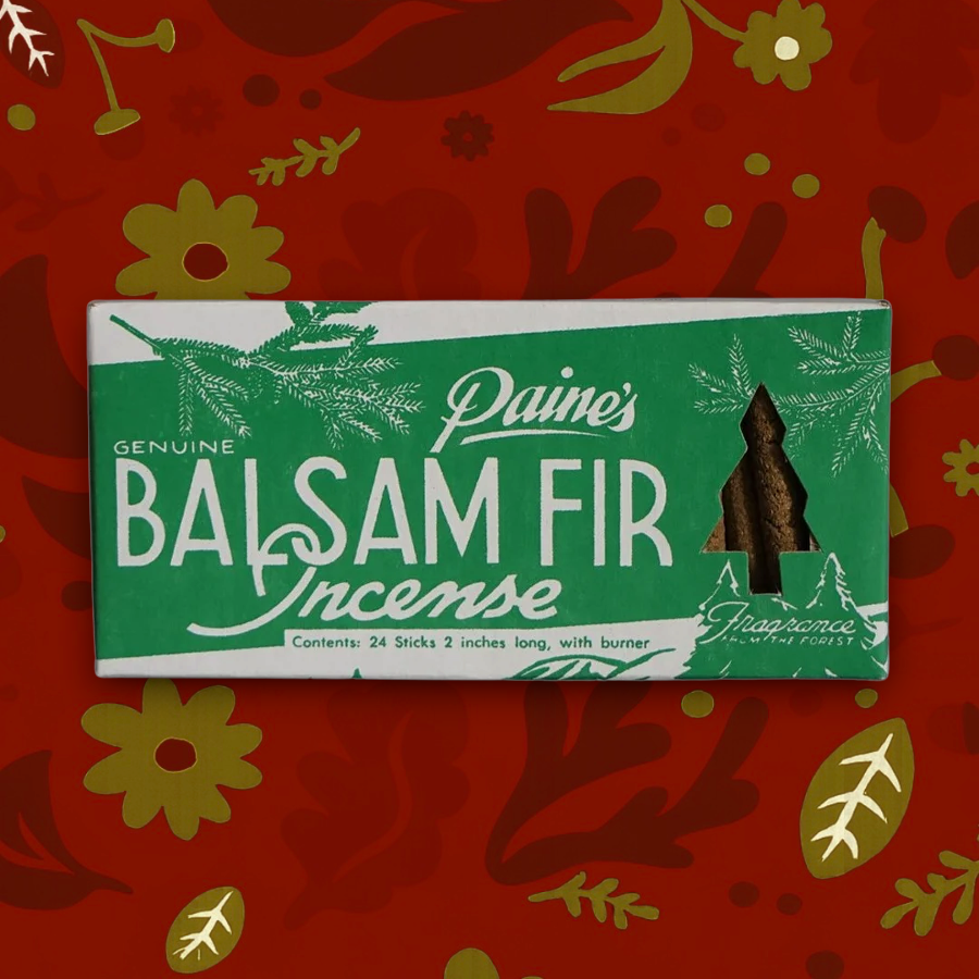Forager Provisions LTD Paines Products balsam fir incense box with 24 sticks and a burner for a woodland scent.