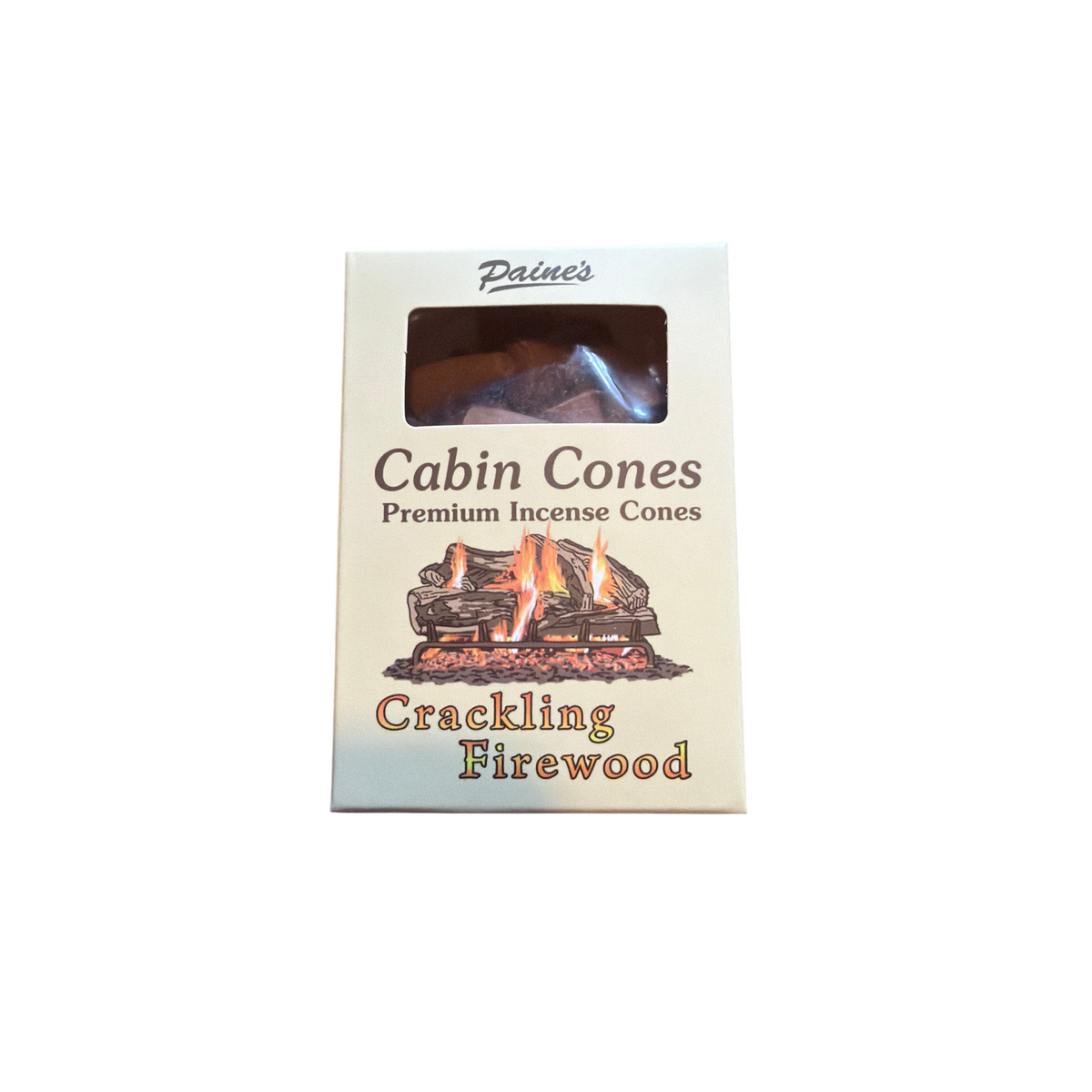 Forager Provisions LTD PAINES Crackling Firewood premium incense cones in a rectangular box with a fireplace graphic