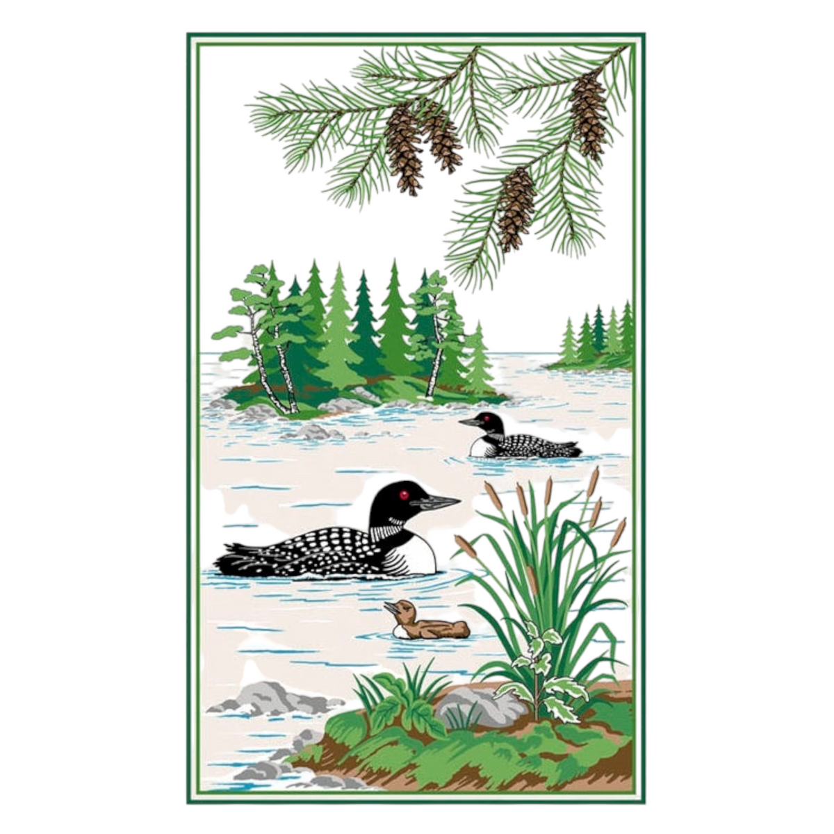 Forager Provisions LTD PAINE’S cotton kitchen towel featuring a rustic loon lake illustration with pine branches.