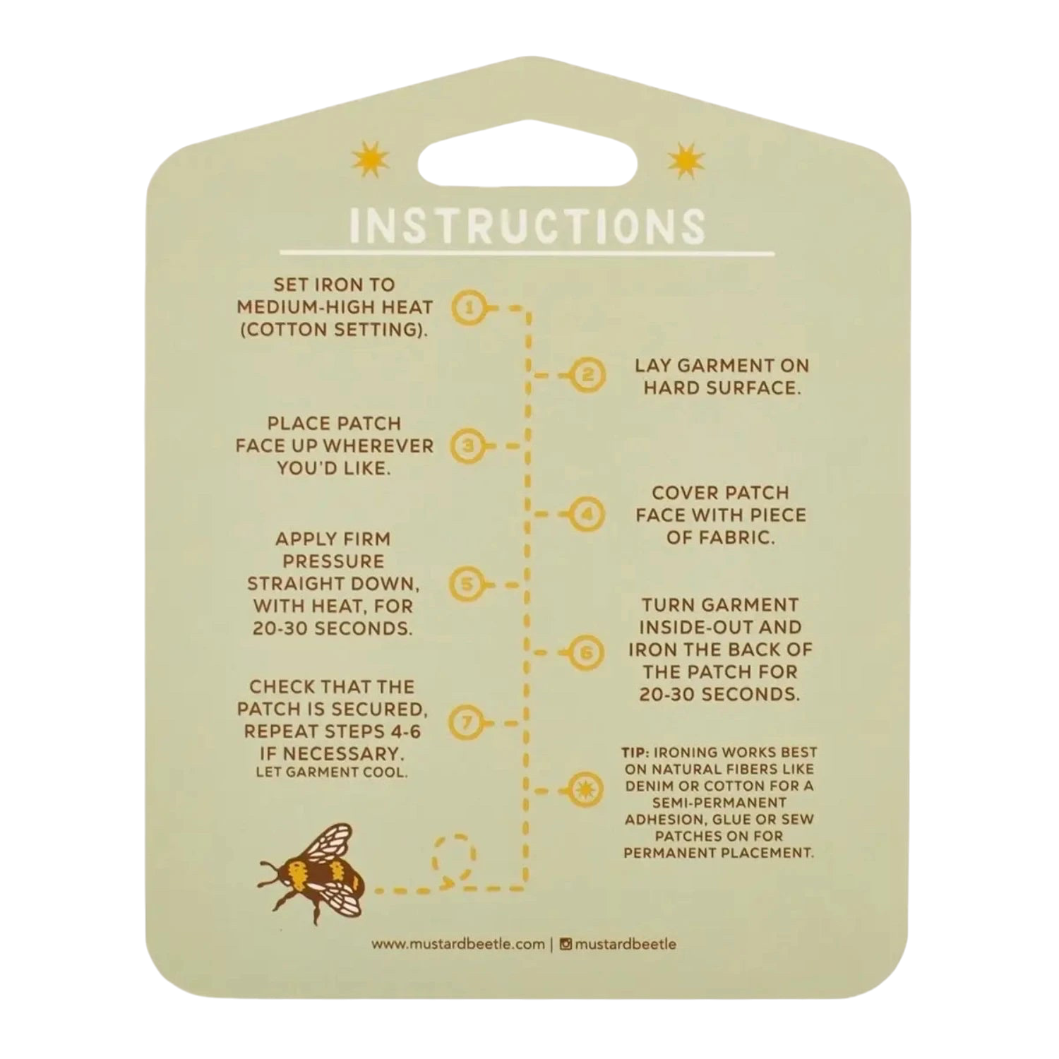 Forager Provisions LTD iron-on patch instruction card with step-by-step guide and a small bee illustration