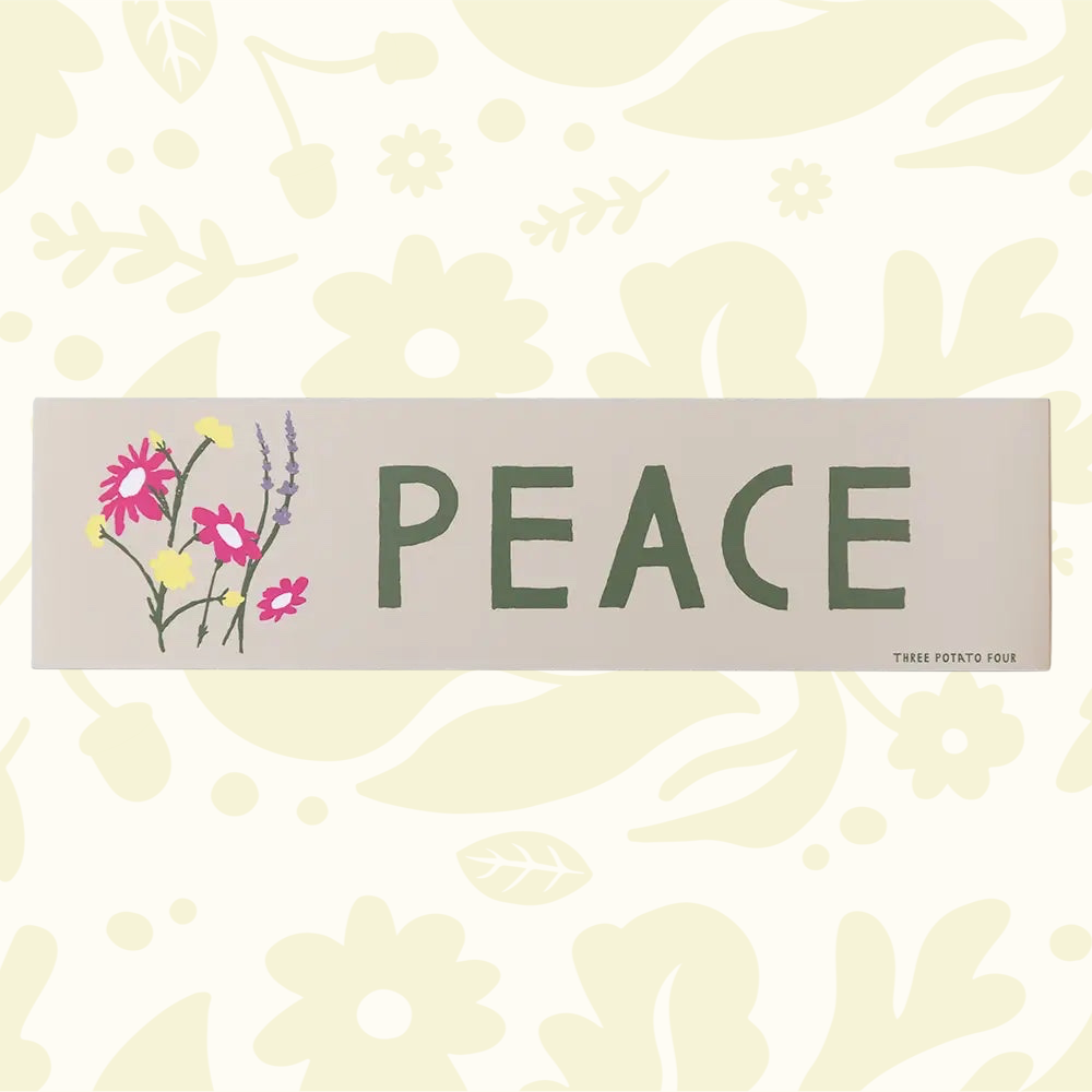 Forager Provisions LTD Three Potato Four rectangular magnet with floral design and the word Peace in green text