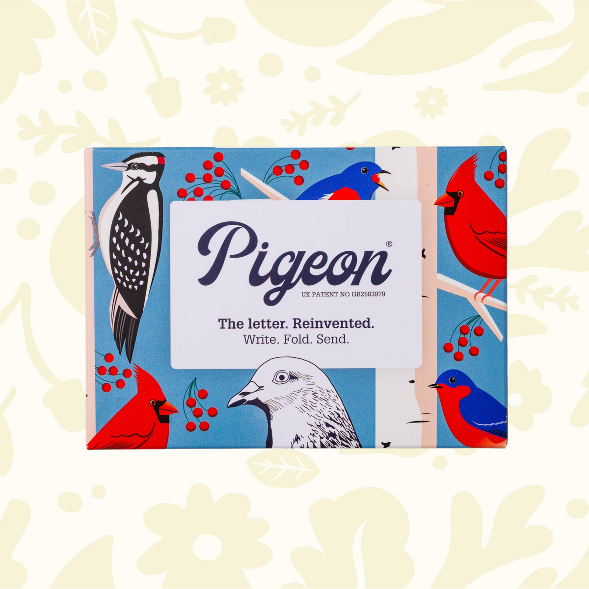 Forager Provisions LTD Pigeonposted folding letter pack featuring colourful bird illustrations on a blue background.