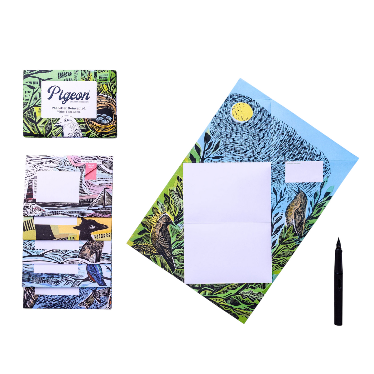 Forager Provisions LTD Pigeonposted folding letter set featuring illustrated nature designs with pigeons and landscapes