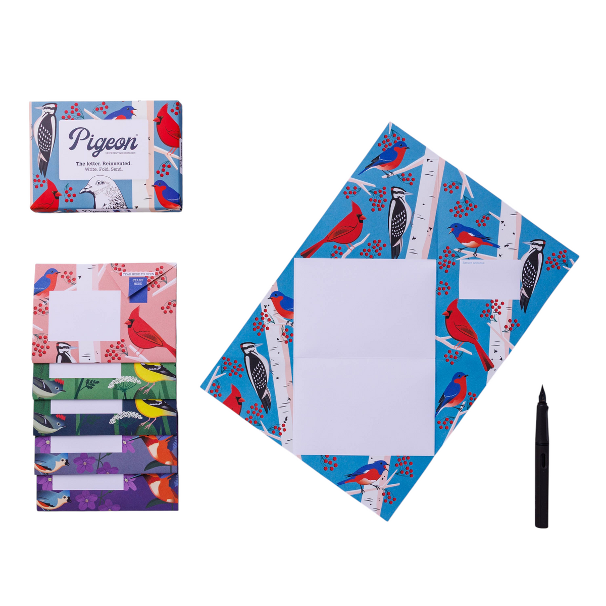Forager Provisions LTD Pigeonposted Carnival of Colour folding letter pack with bird-themed stationery and a black pen.