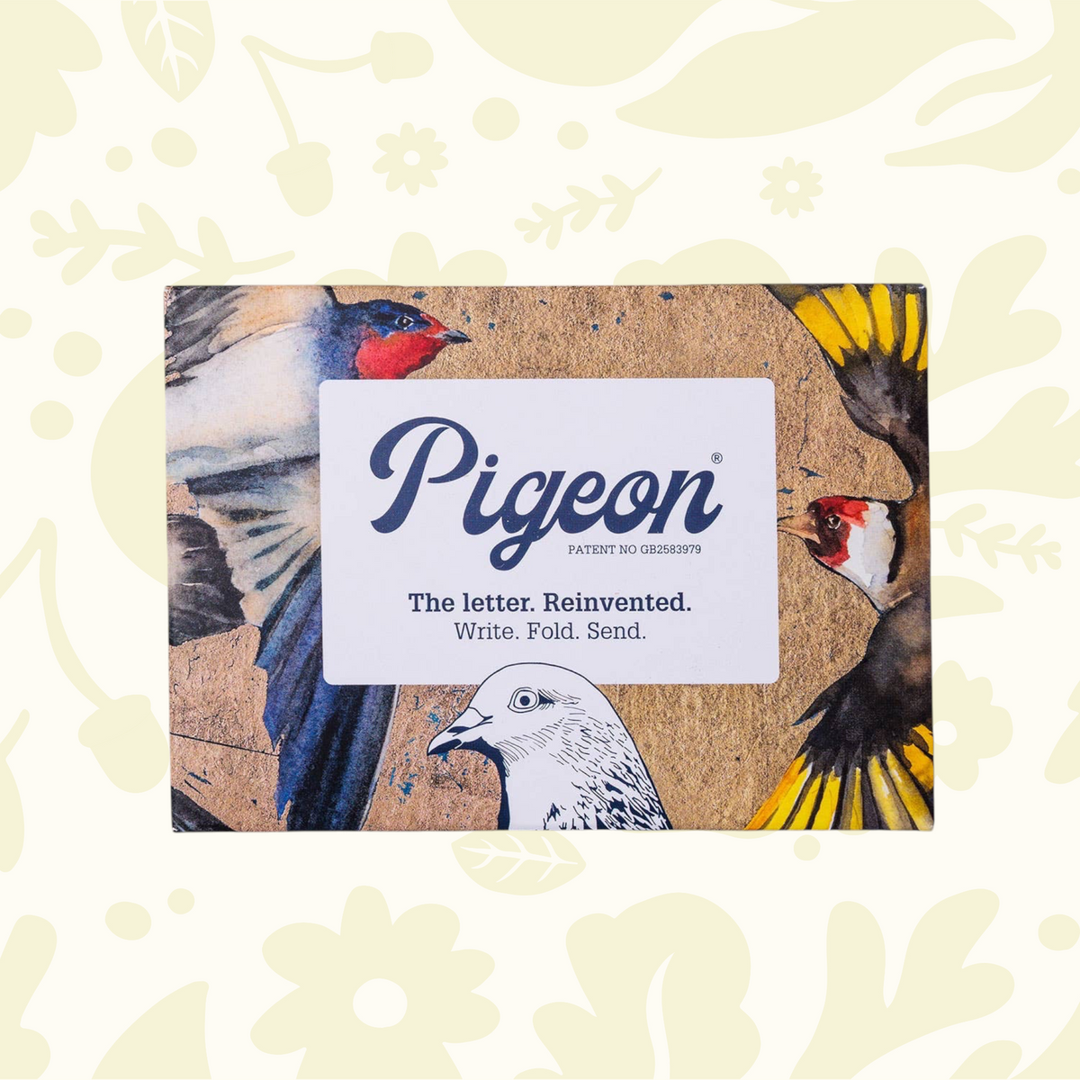 Forager Provisions LTD Pigeonposted Golden Flight Pigeon folding letter set with bird illustrations on a patterned background