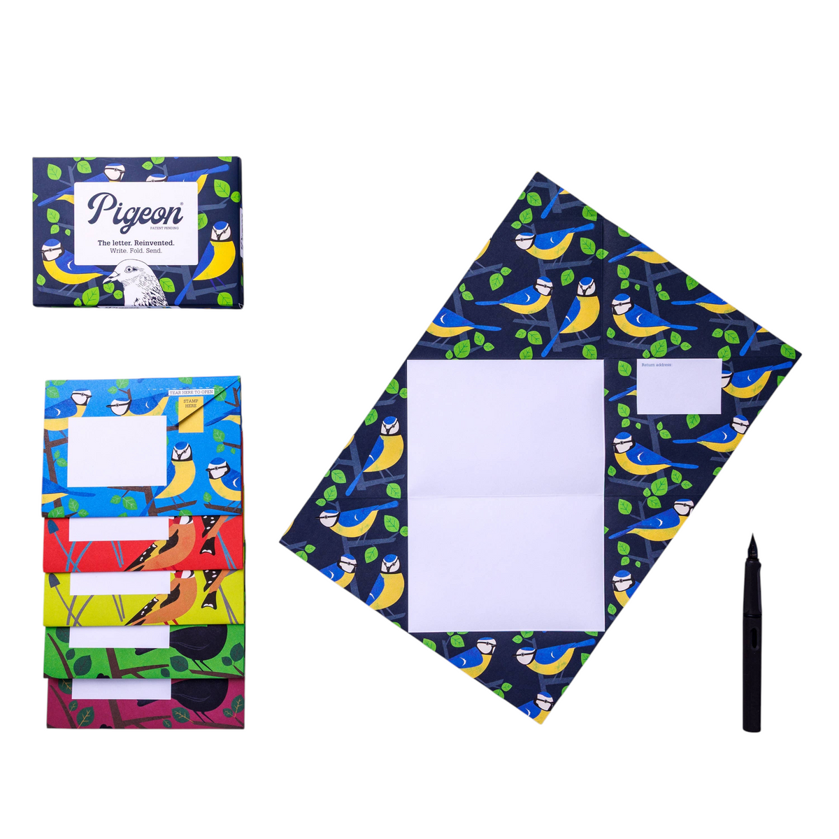 Forager Provisions LTD Pigeonposted Dawn Chorus folding letter set with bird-patterned stationery and black pen.