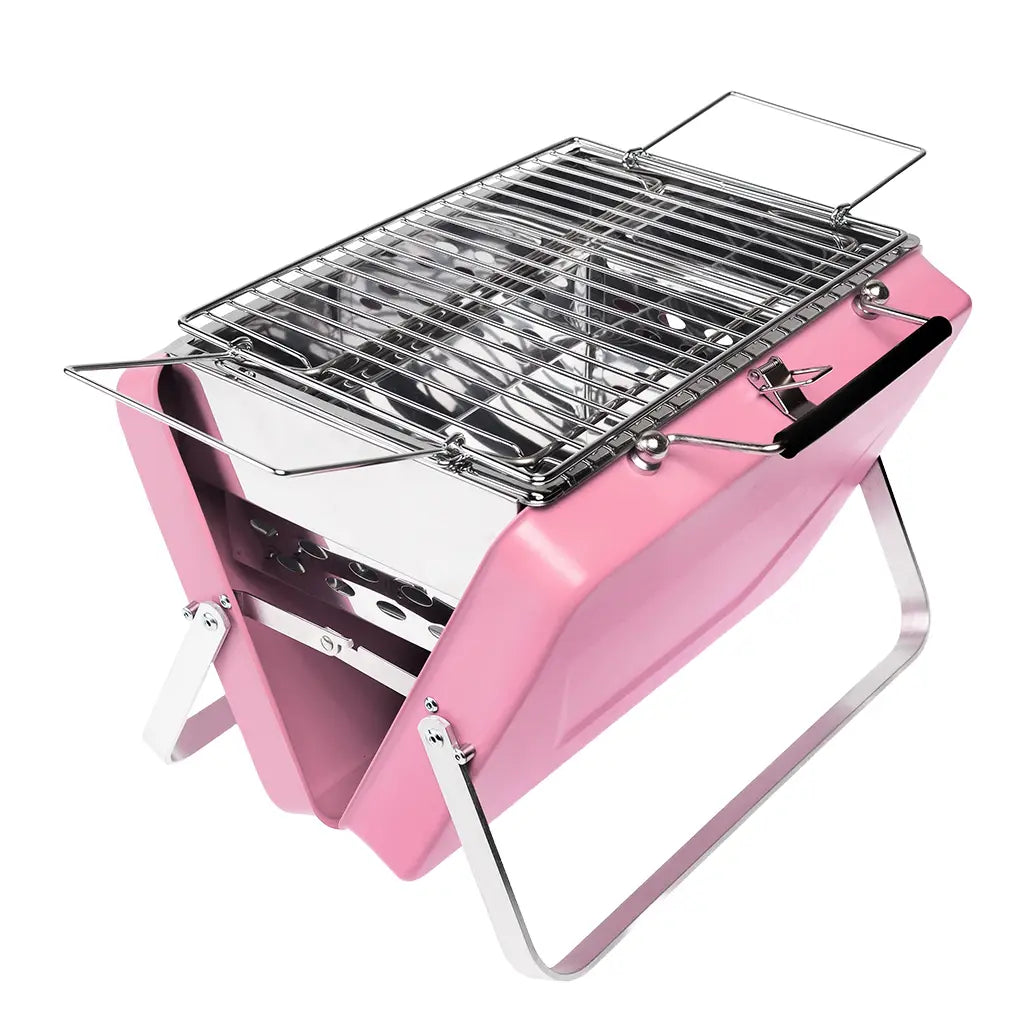 The Rex Portable Suitcase BBQ in pink is a compact, foldable stainless steel grill; perfect for travel and outdoor grilling.