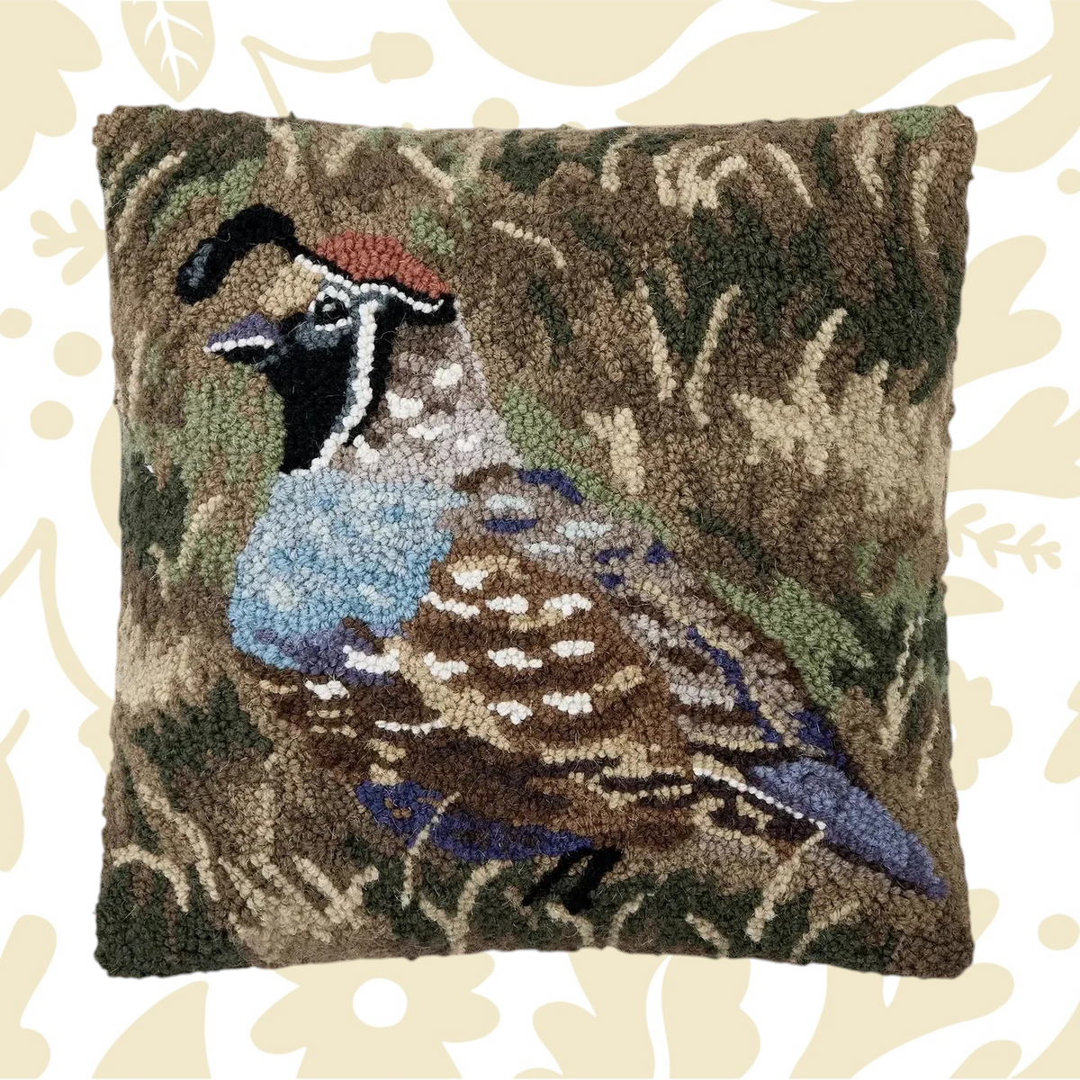 Forager Provisions LTD Peking Handicraft square wool hooked cushion featuring a detailed quail in woodland colours.