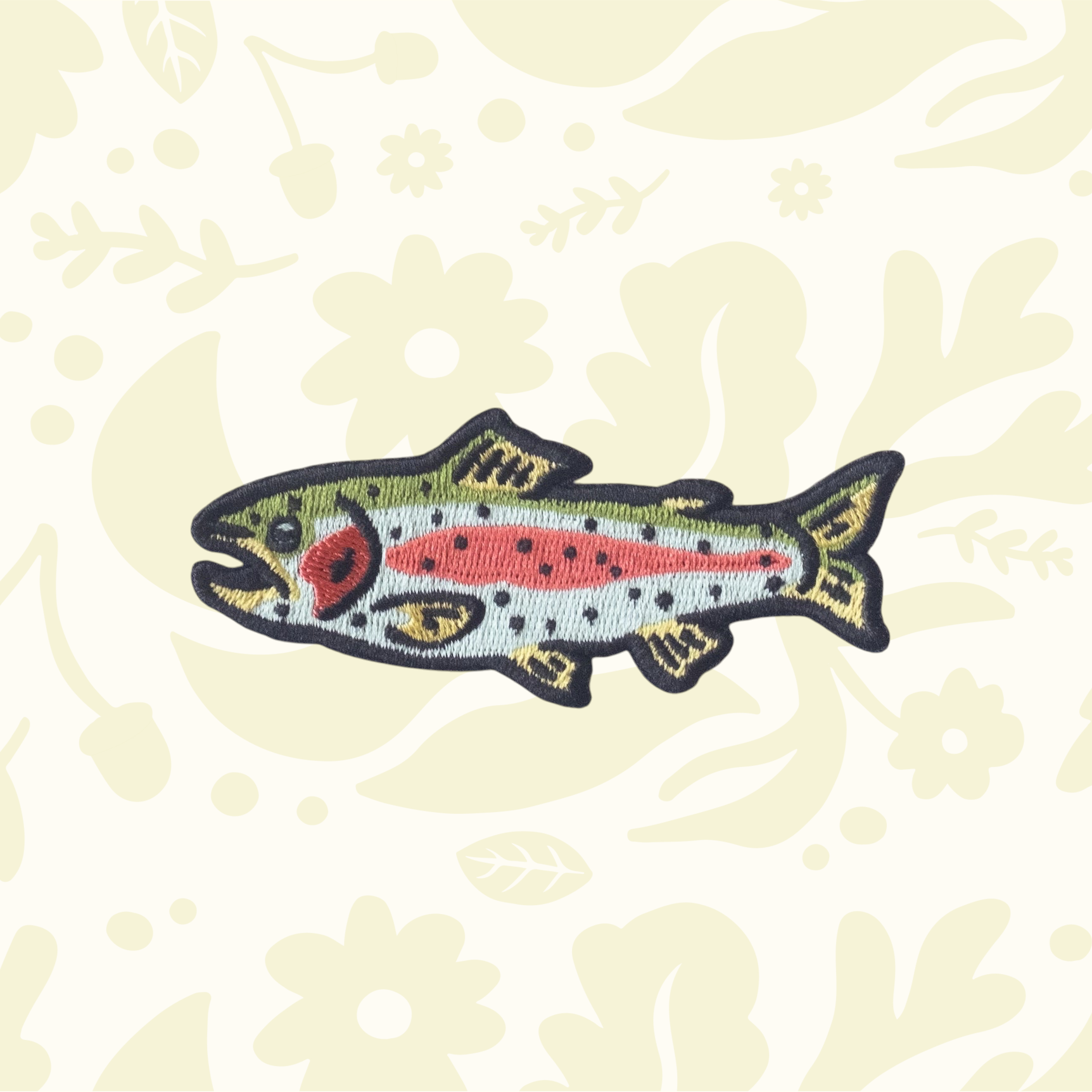 Forager Provisions LTD rainbow trout embroidered patch with vibrant stitching for jackets and backpacks.