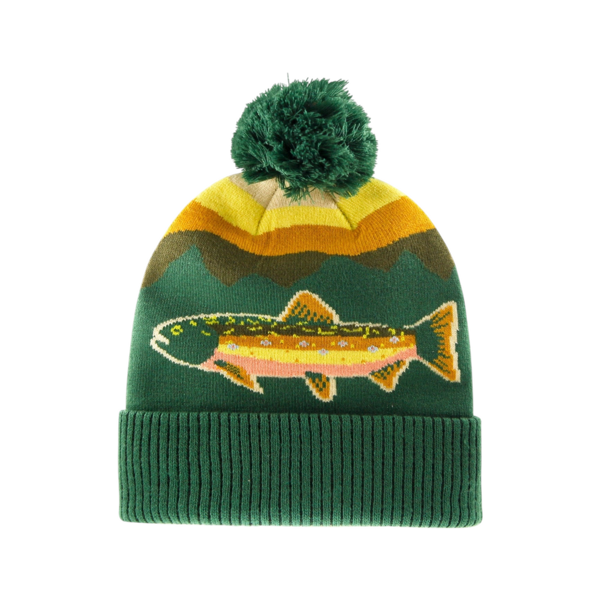 Forager Provisions LTD acrylic pompom beanie featuring a rainbow trout graphic and mountain landscape design