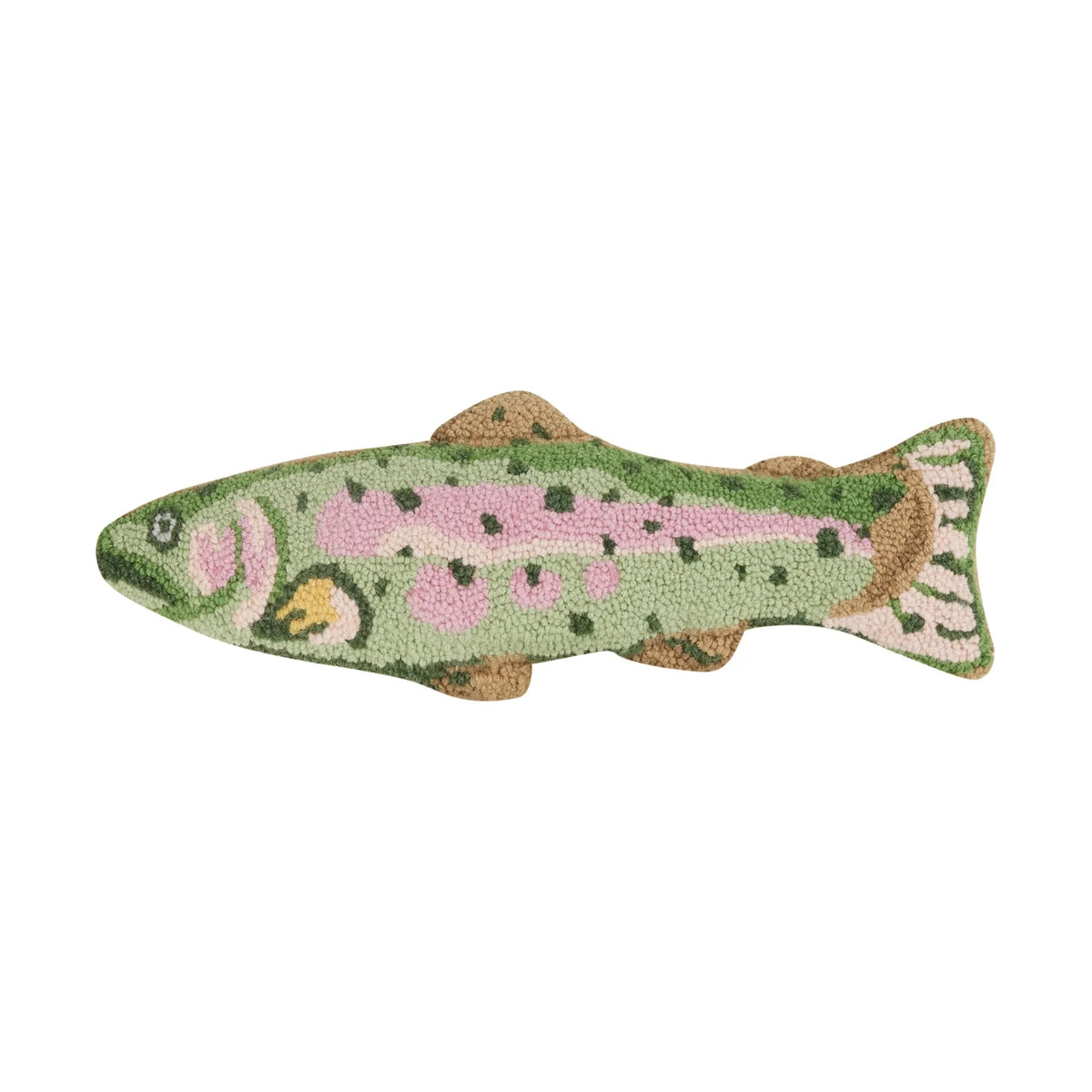 Peking Rainbow Trout wool hook cushion in green, pink & beige—unique fishing cabin decor, cozy home accent pillow.