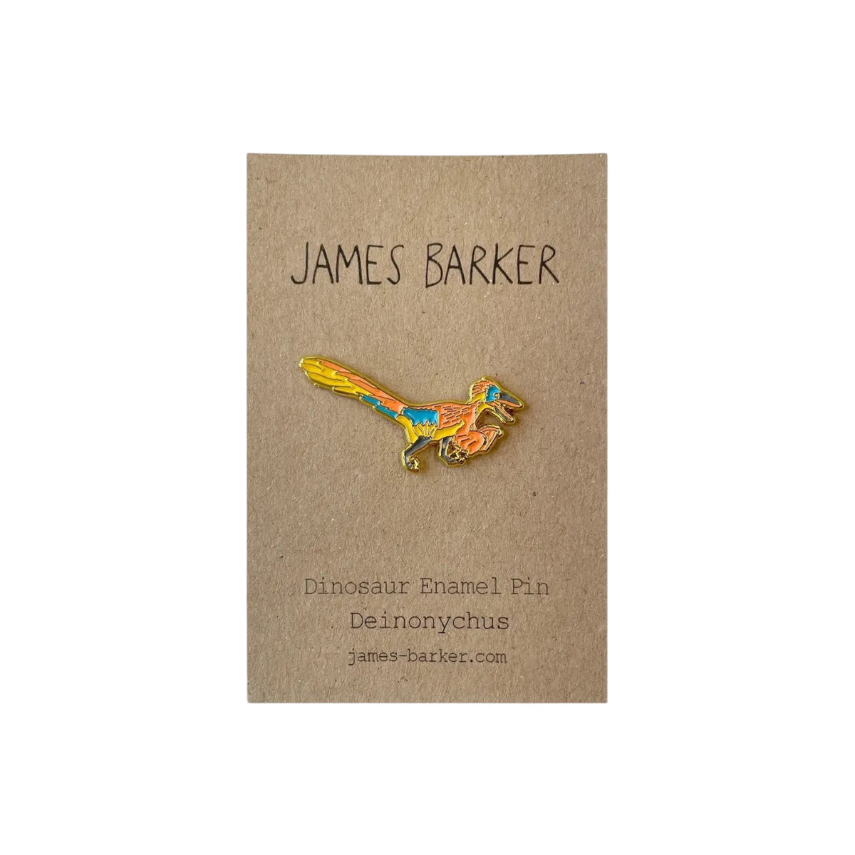 Forager Provisions LTD James Barker Raptor Deinonychus enamel pin badge with gold metal finish on a branded Kraft card