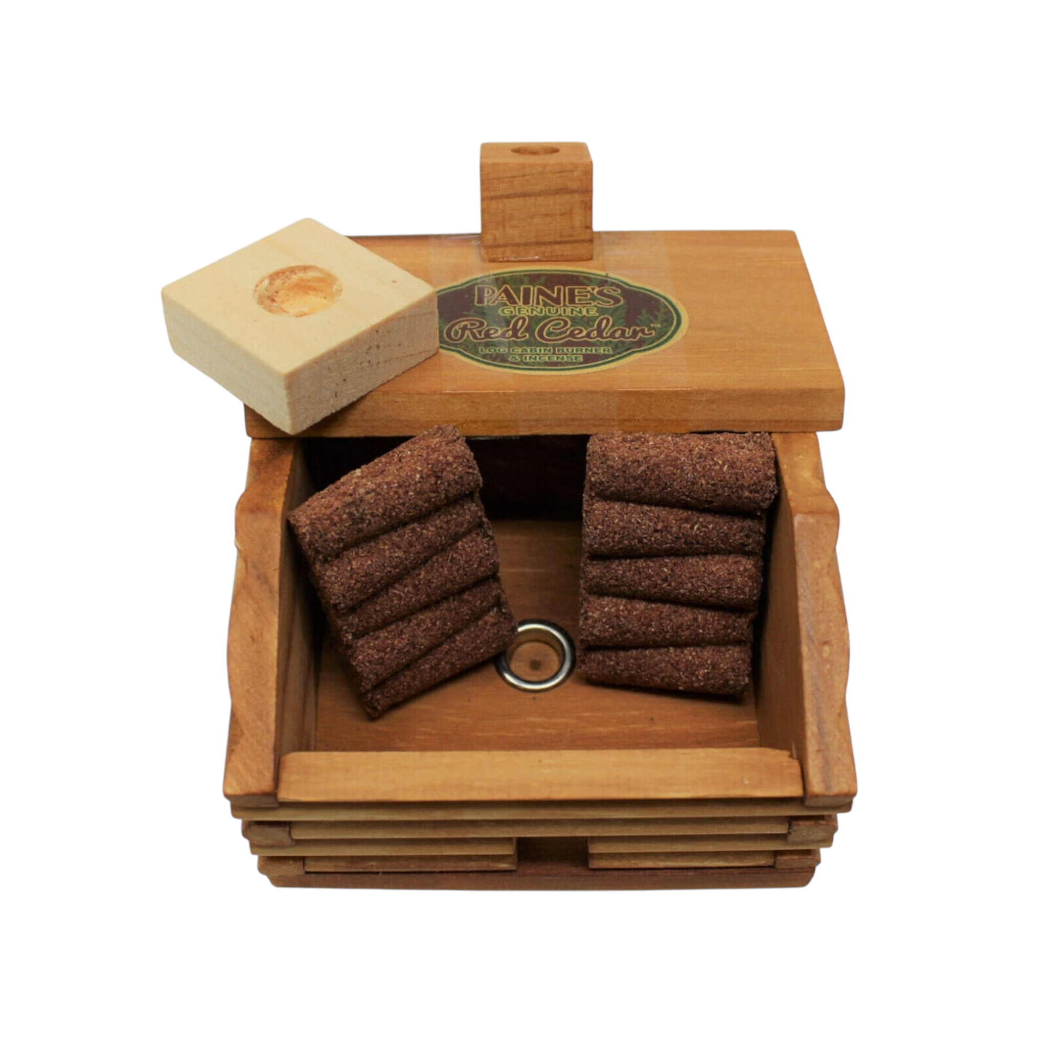 Paines Red Cedar Log Cabin set holds 10 incense cones with a metal holder in a rustic wooden box; perfect incense gift.