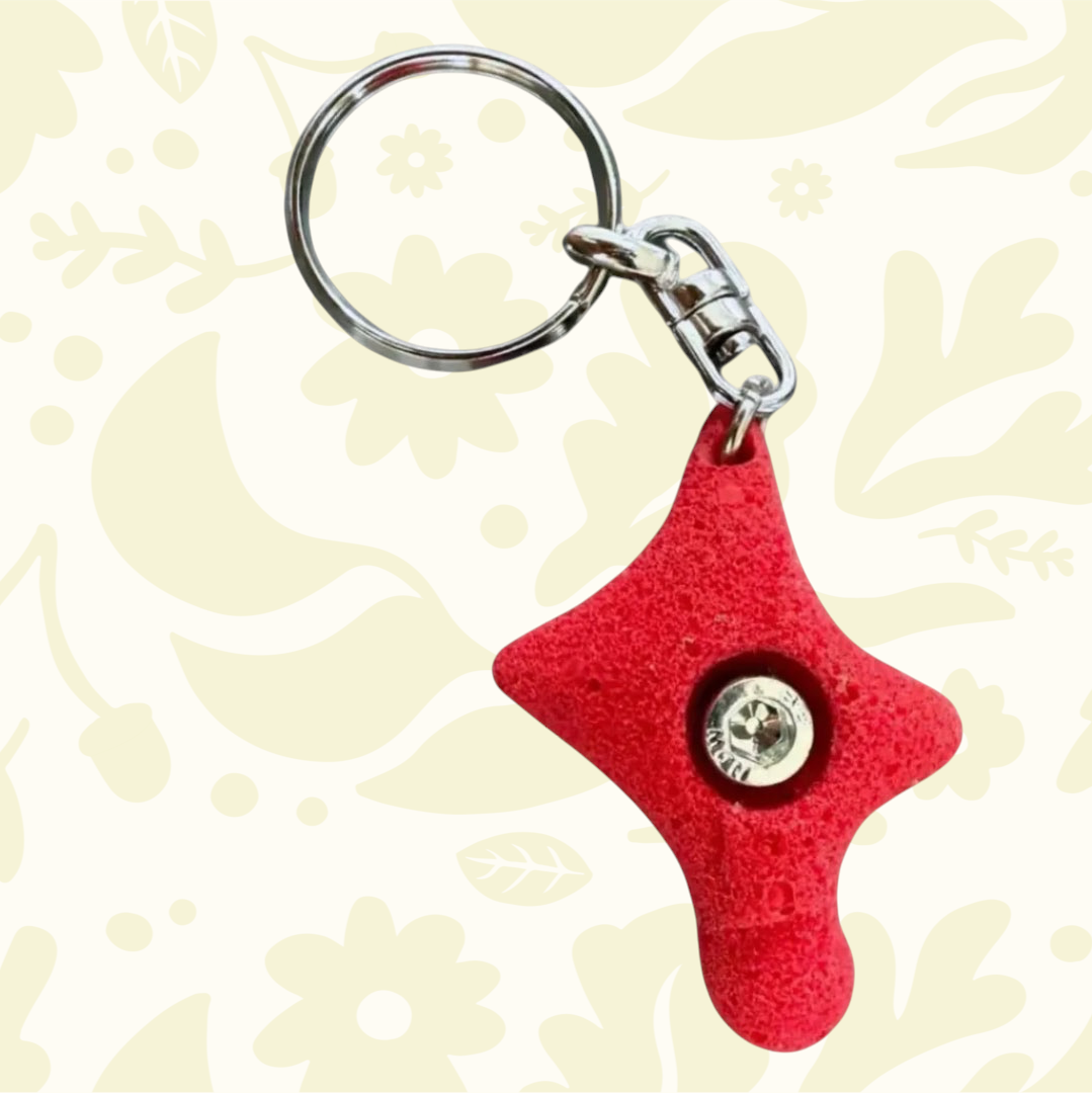 Forager Provisions LTD Seven Peaks red climber speed keychain featuring a textured resin hold and metal keyring.