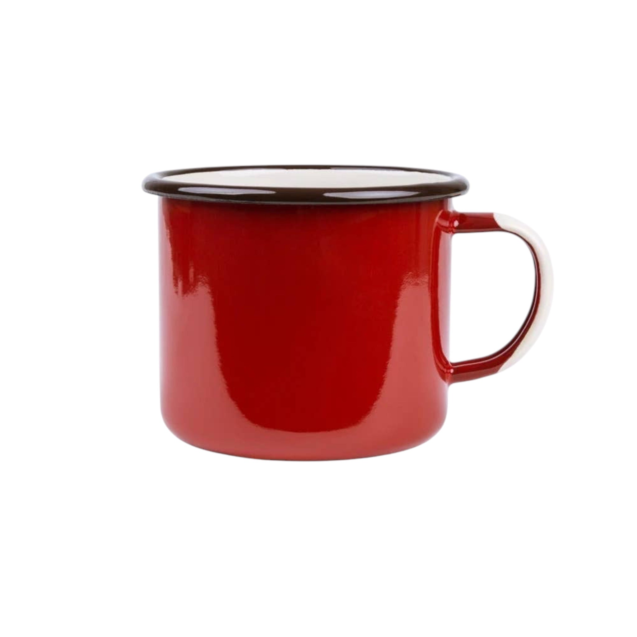 Forager Provisions LTD red enamel camping mug with a dark brown rim and white handle detail