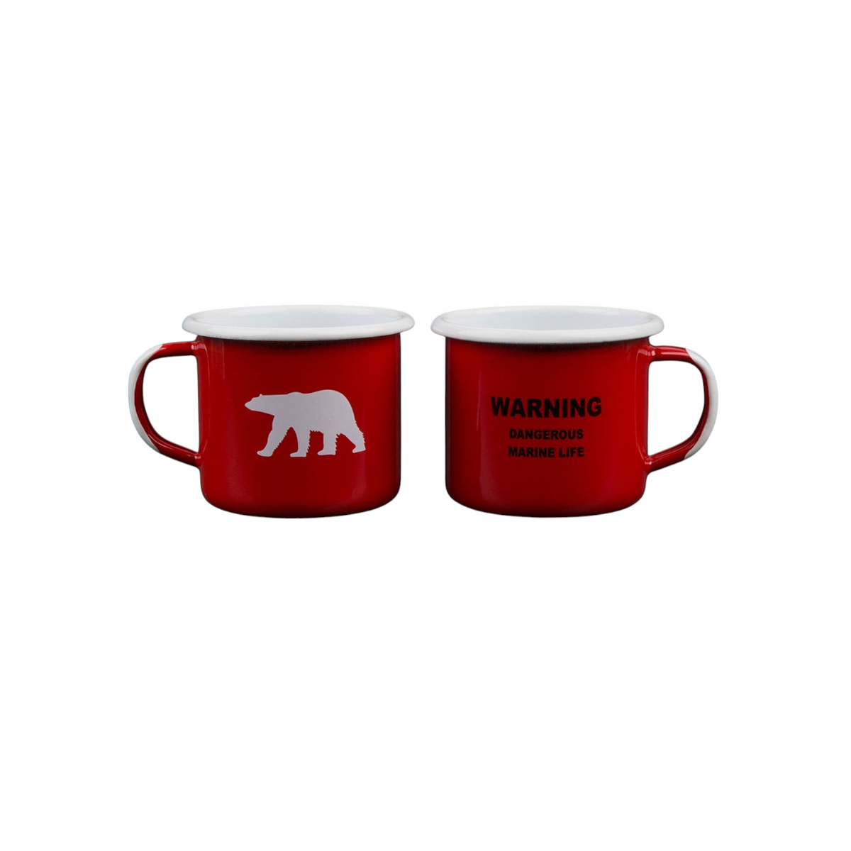 Forager Provisions LTD red enamel mug set featuring a polar bear illustration and Dangerous Marine Life warning text.