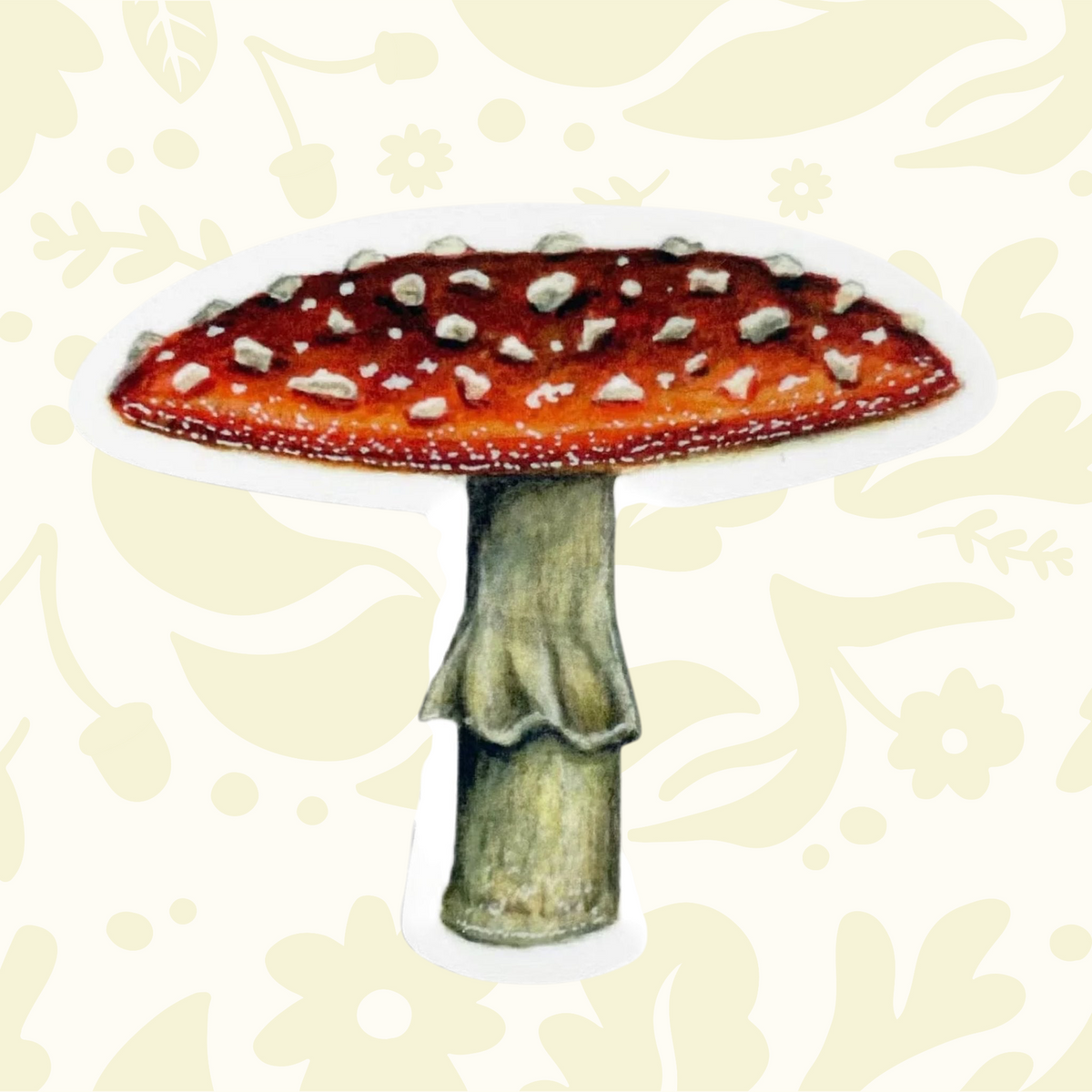 Forager Provisions LTD red cap mushroom sticker with white spots on durable outdoor vinyl for laptops and bottles.