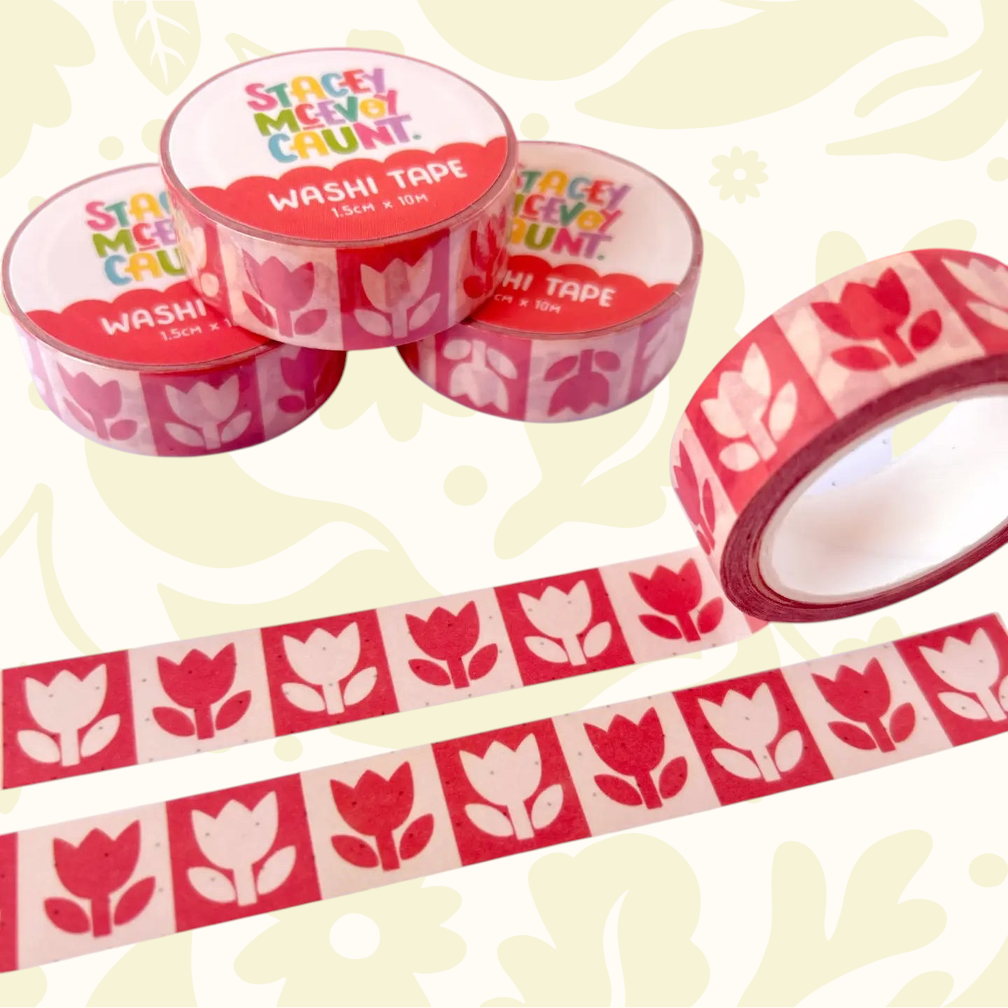 Forager Provisions LTD Stacey McEvoy Caunt washi tape rolls featuring a red folk tulip pattern on matte paper.