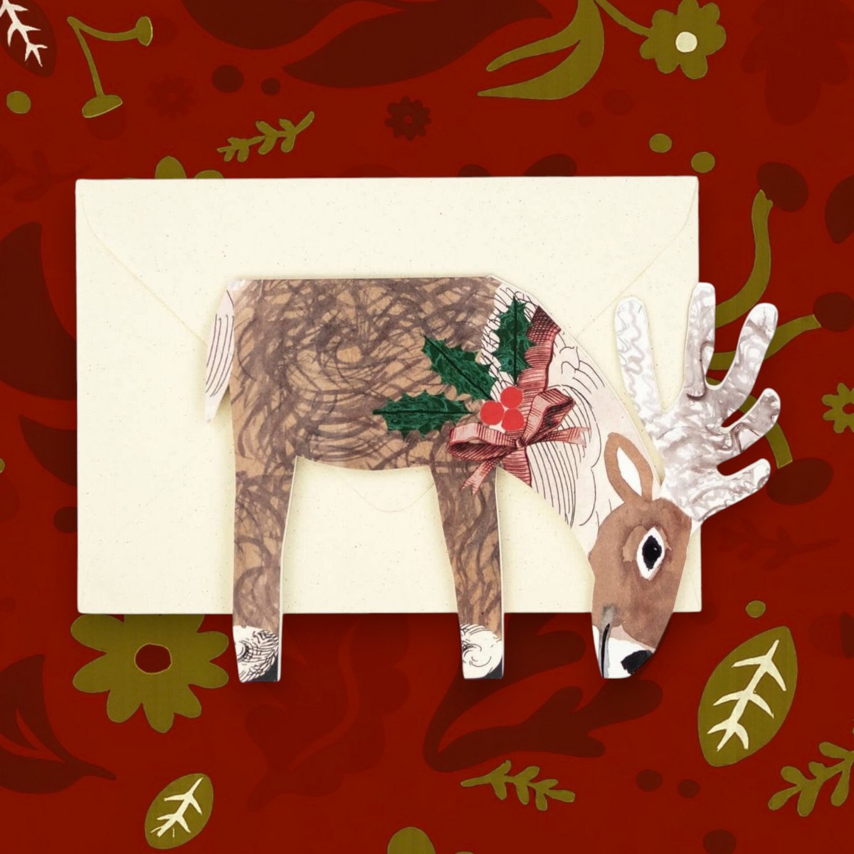 Forager Provisions LTD Hadley Christmas Reindeer greeting card with envelope on a festive red woodland background