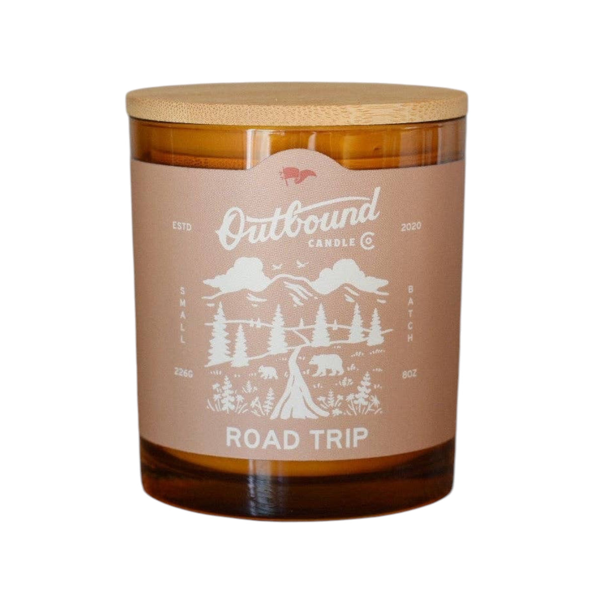 Forager Provisions LTD Road Trip 8oz soy candle in amber glass jar with bamboo lid and illustrated mountain label