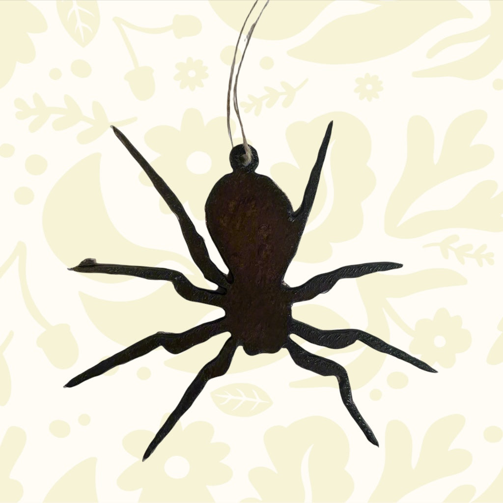 Forager Provisions LTD hanging spider ornament made from 18 gauge steel with a rustic dark iron finish.