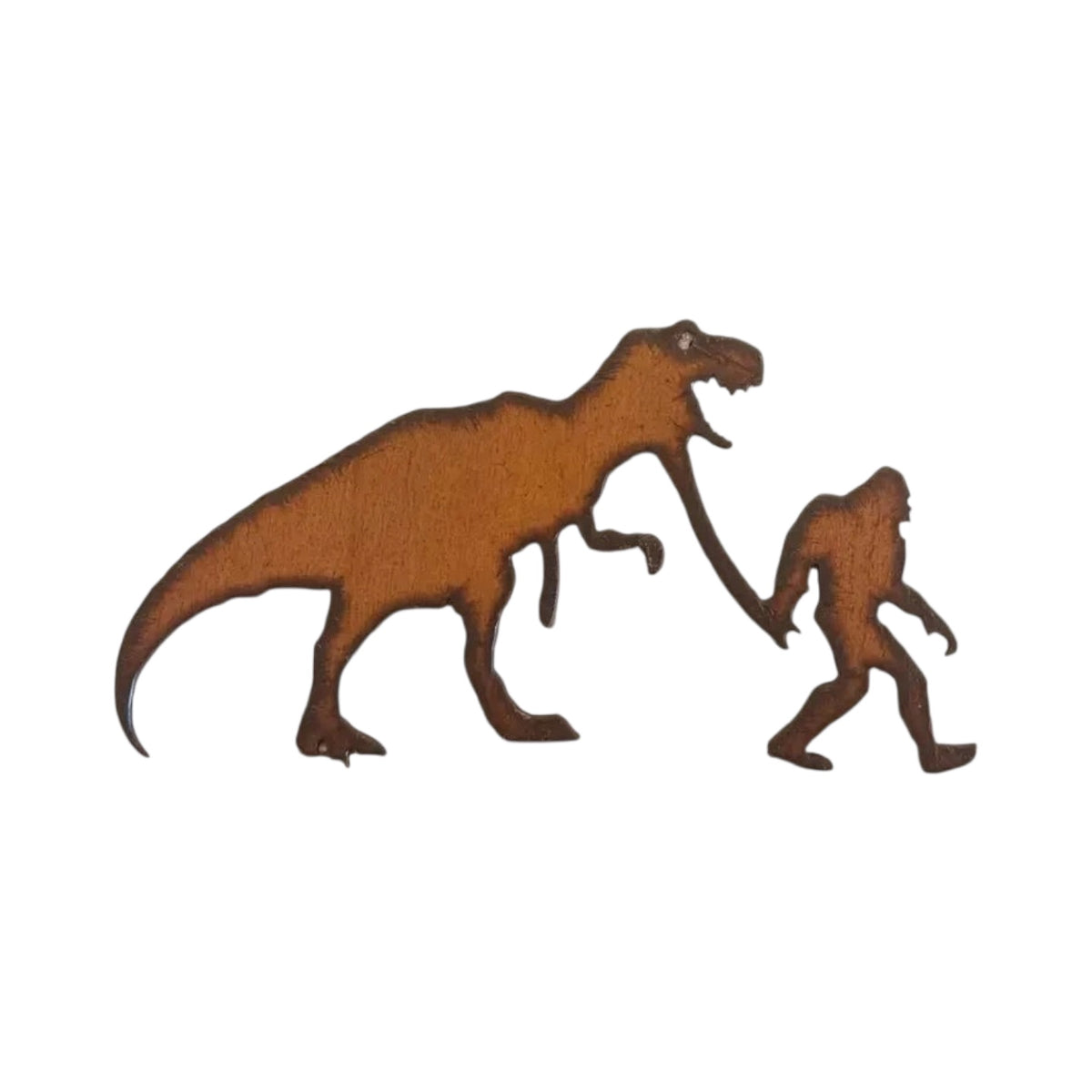 Forager Provisions LTD rustic steel magnet featuring a T-Rex dinosaur holding hands with Bigfoot