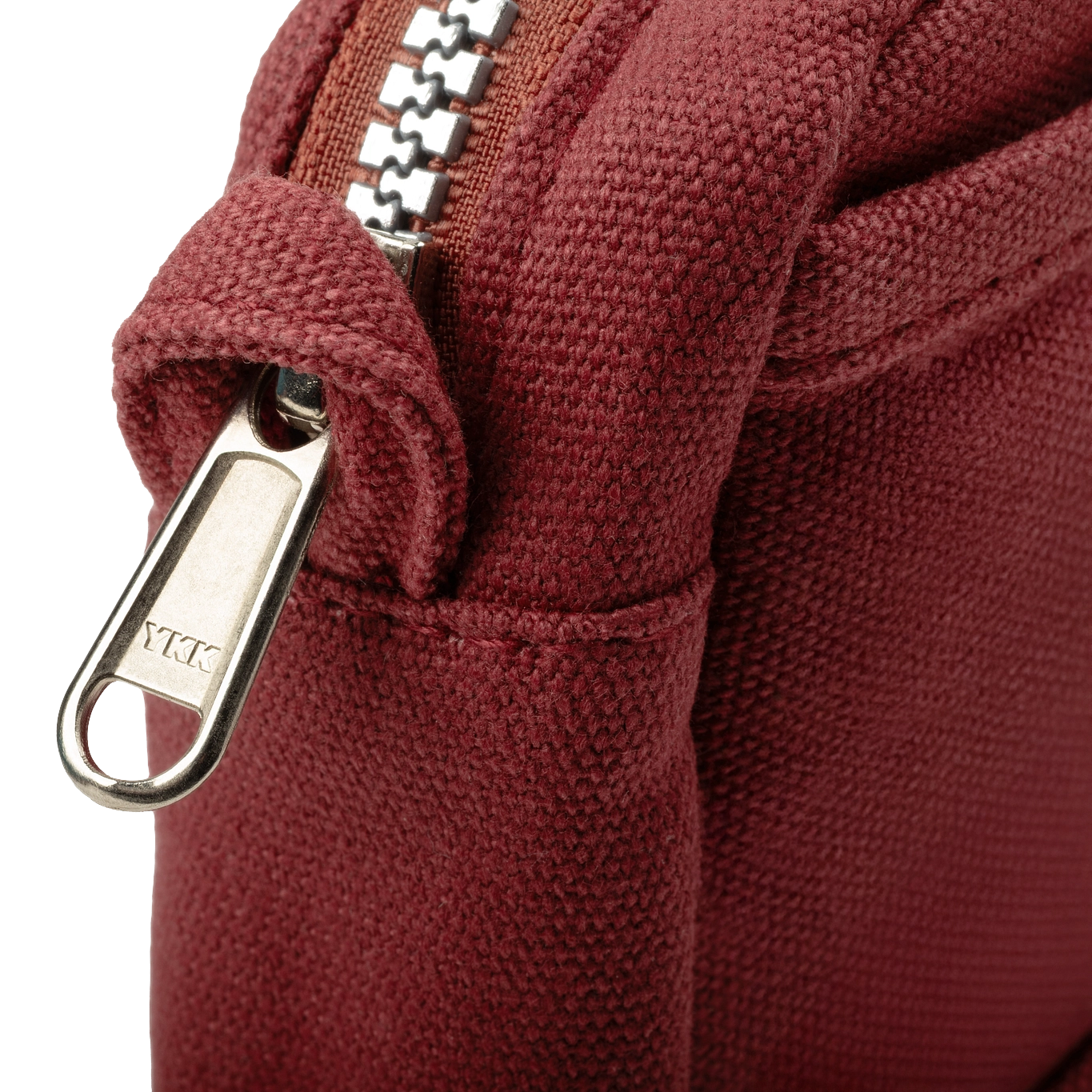 Maroon Soolla® Studio Artist Stationery Pouch in Sangria shade, close-up with silver YKK zipper partially unzipped.
