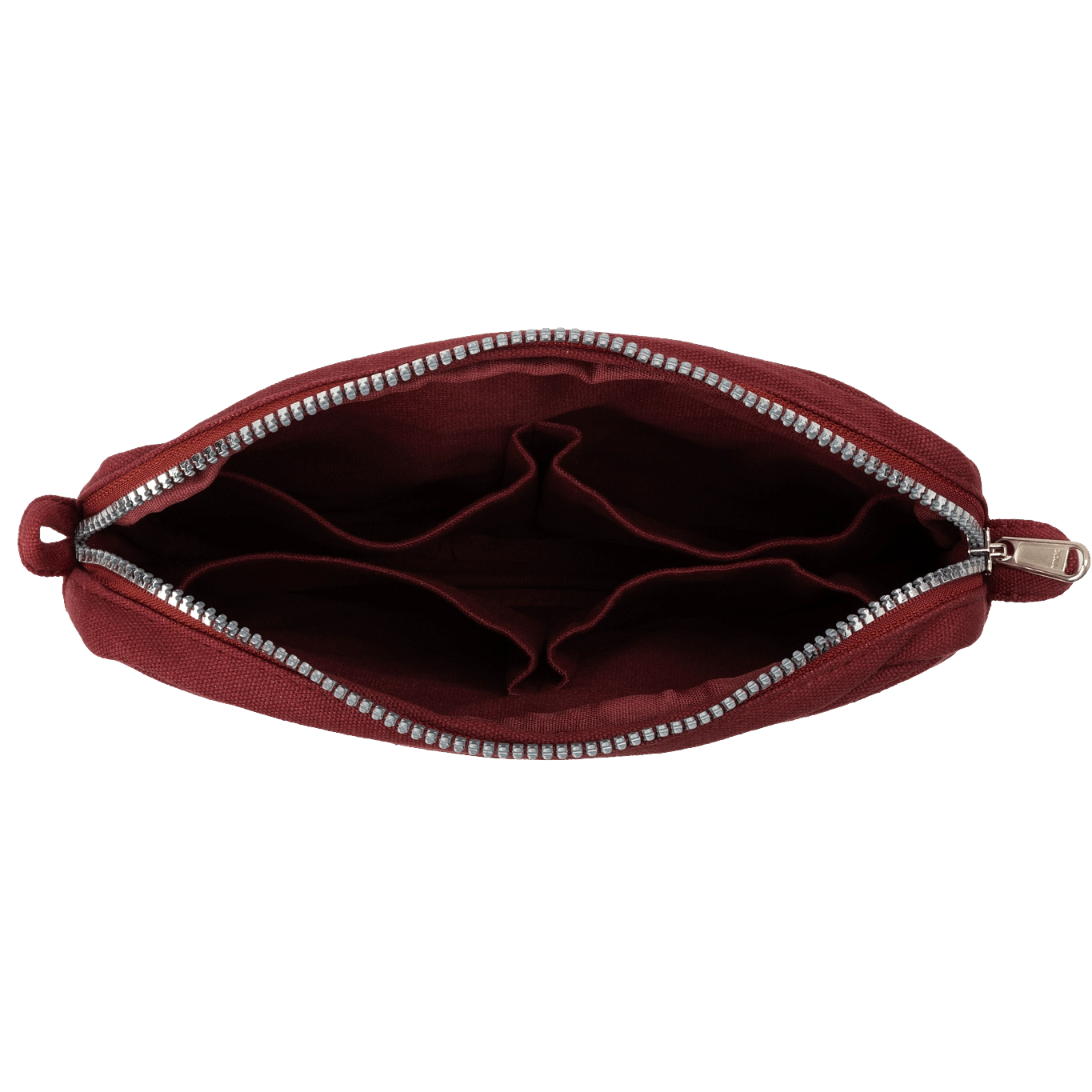 Soolla® Studio Artist Stationery Pouch Sangria top view with 2 compartments and 4 pockets for pens, markers, art supplies.