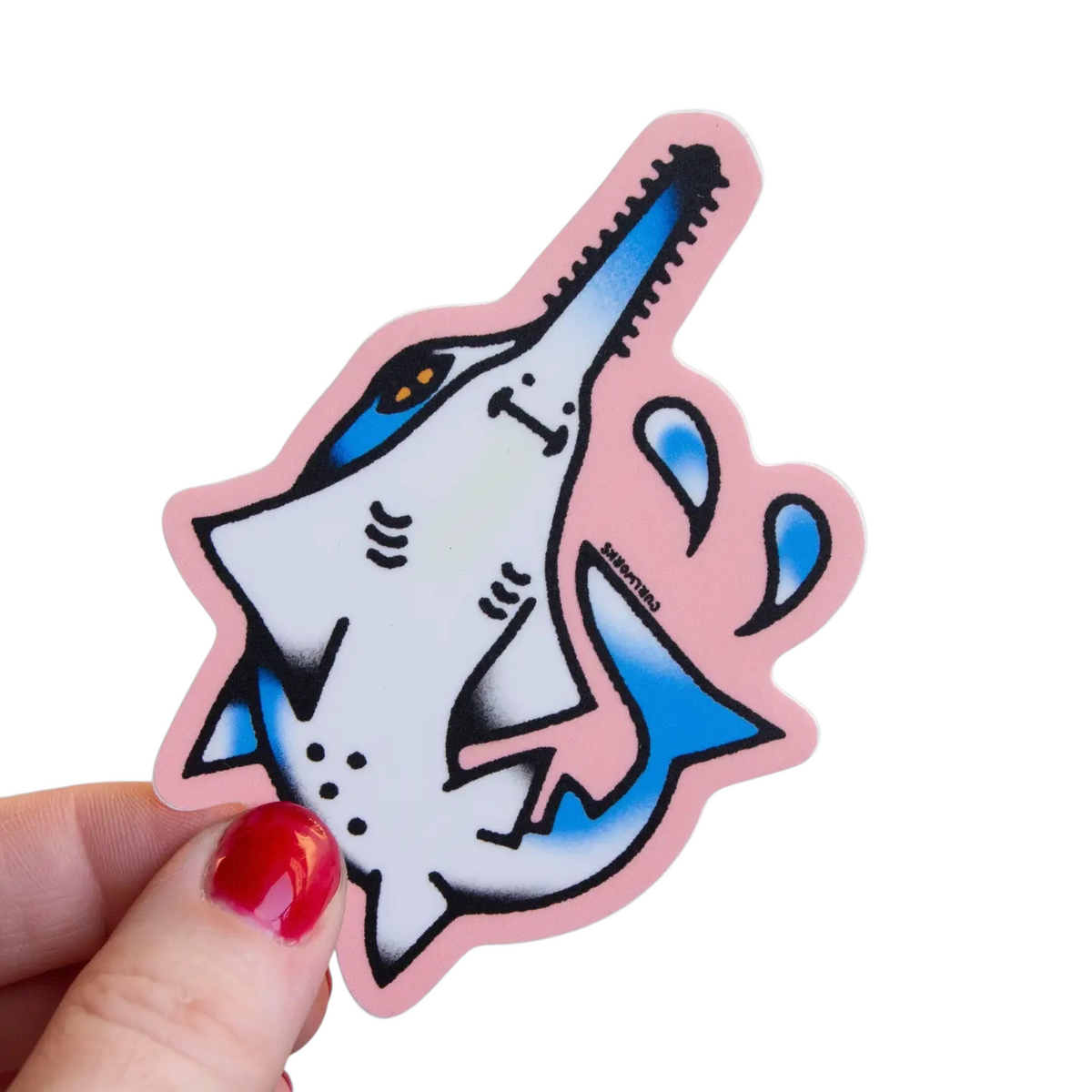Forager Provisions LTD Curlworks sawfish vinyl sticker with a hand-drawn illustration on a matte pink background.