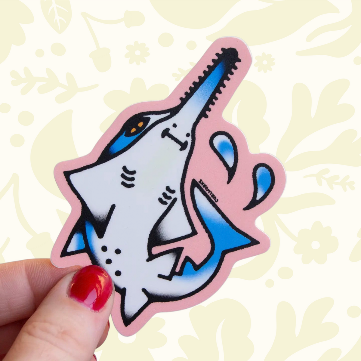 Forager Provisions LTD Curlworks sawfish vinyl sticker with a hand-drawn illustration on a matte pink background