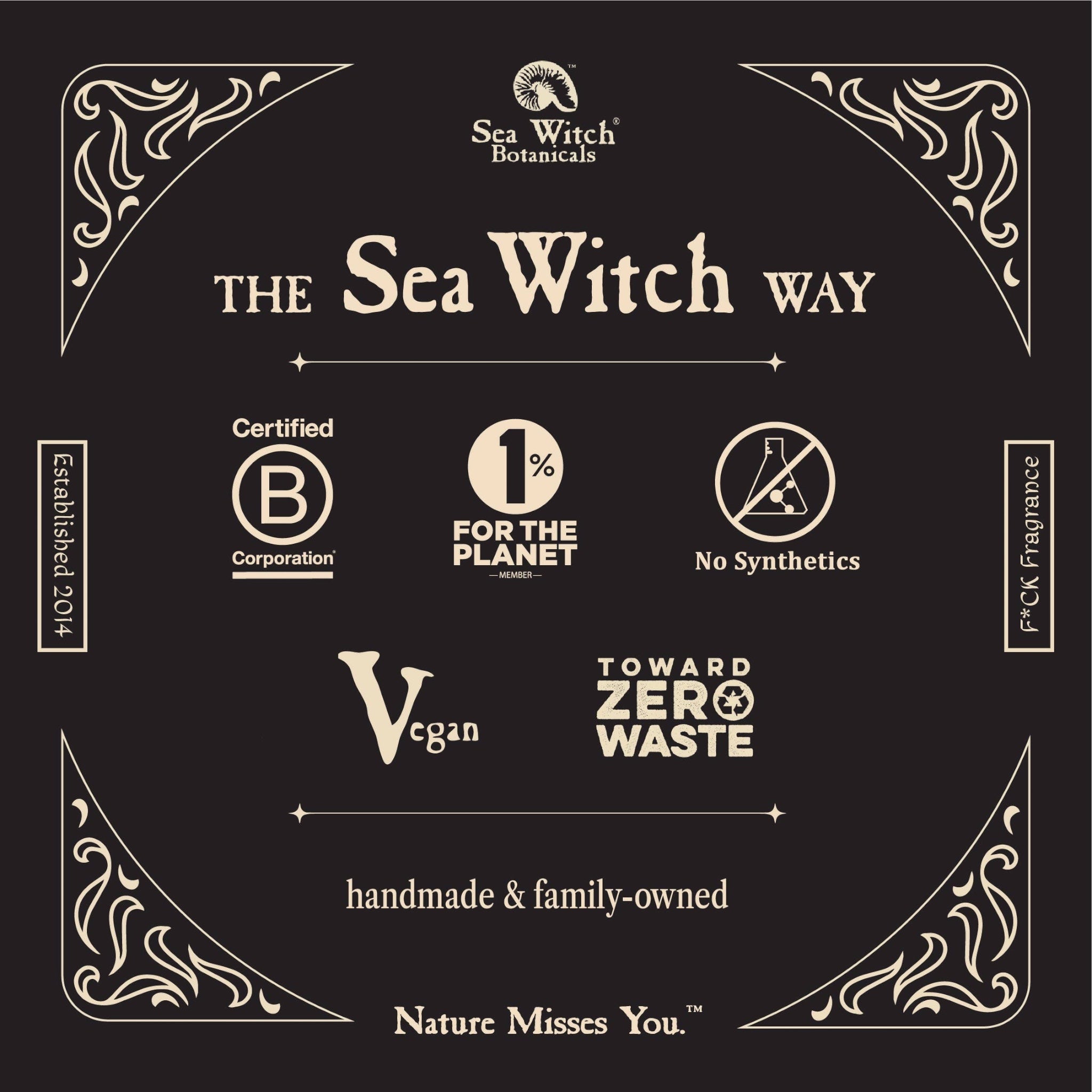 Forager Provisions LTD Sea Witch Botanicals brand values graphic featuring B Corp, vegan, and zero waste certifications