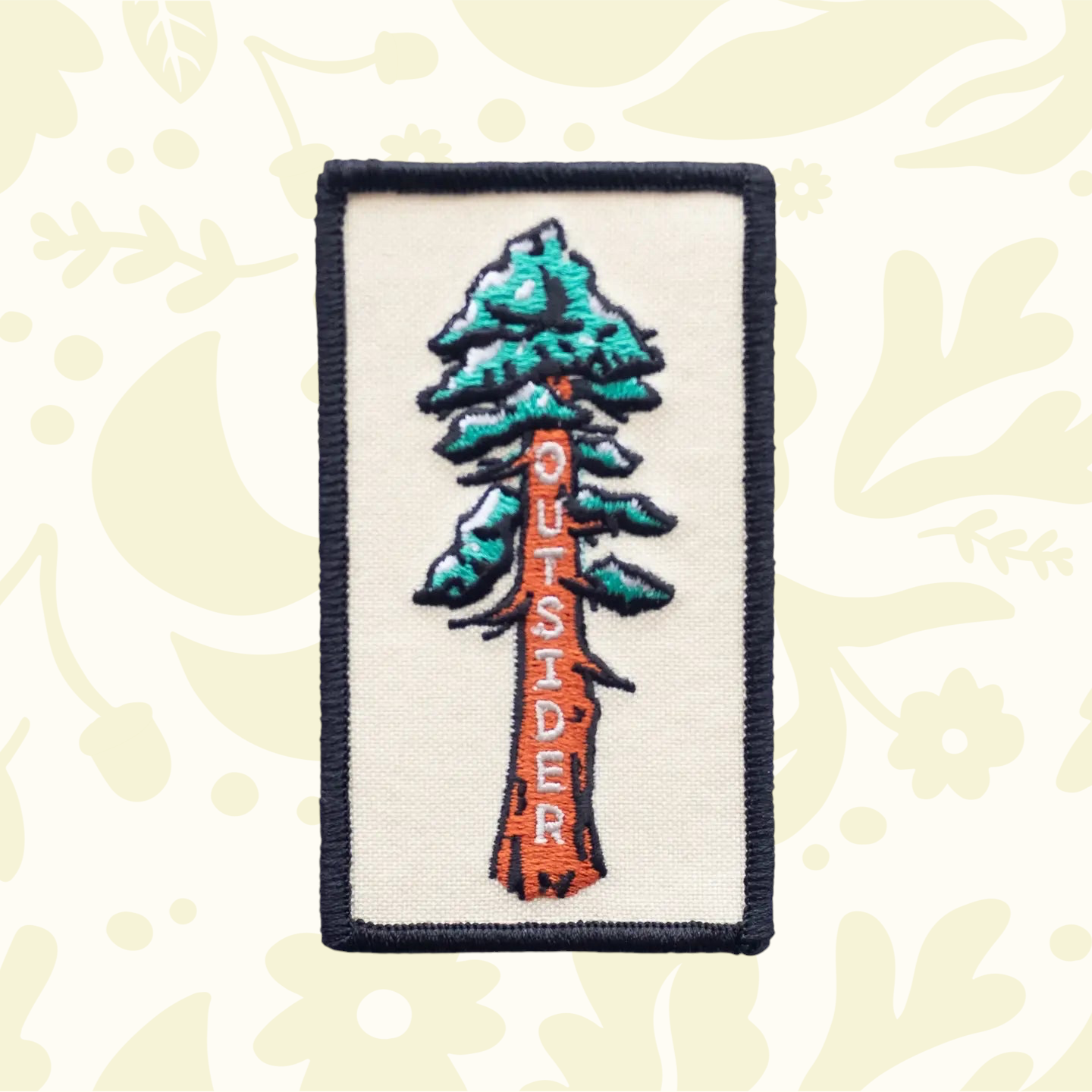 Forager Provisions LTD rectangular embroidered patch featuring a sequoia tree with the word Outsider in earth tones.