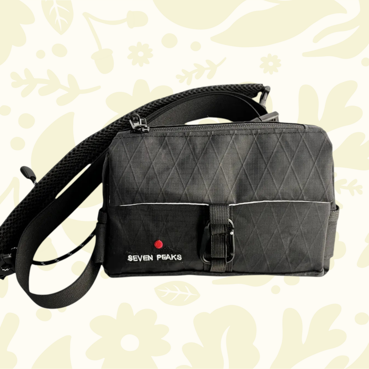 Forager Provisions LTD Seven Peaks all-black water-resistant fanny pack with adjustable strap and front carabiner.