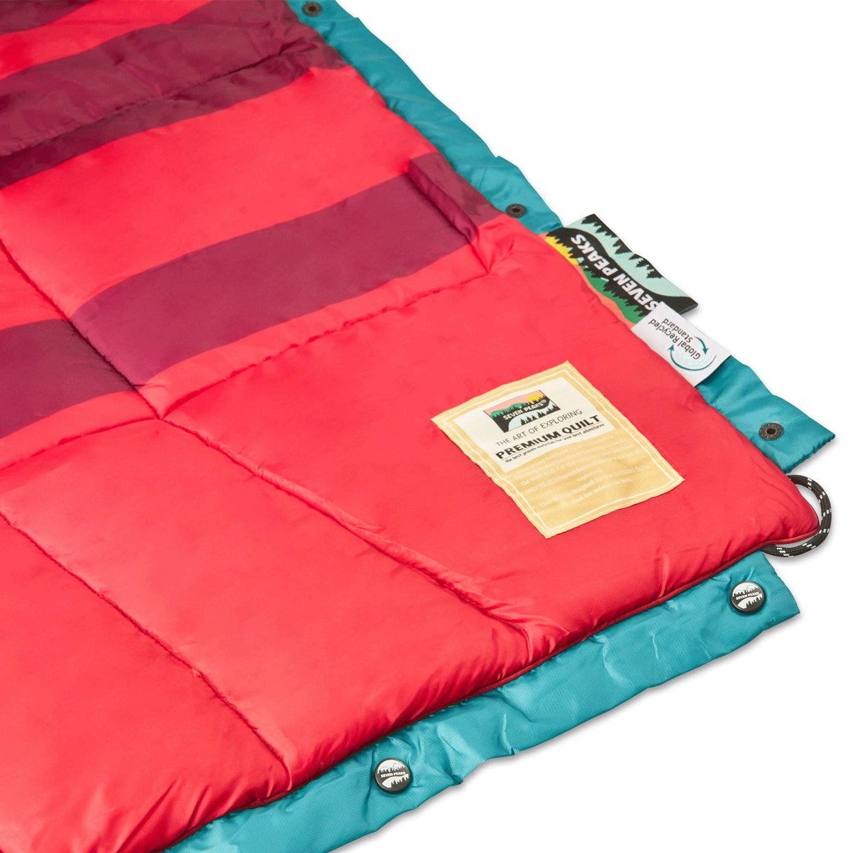 Forager Provisions LTD Seven Peaks all-terrain van life comforter with red and teal recycled ripstop fabric panels