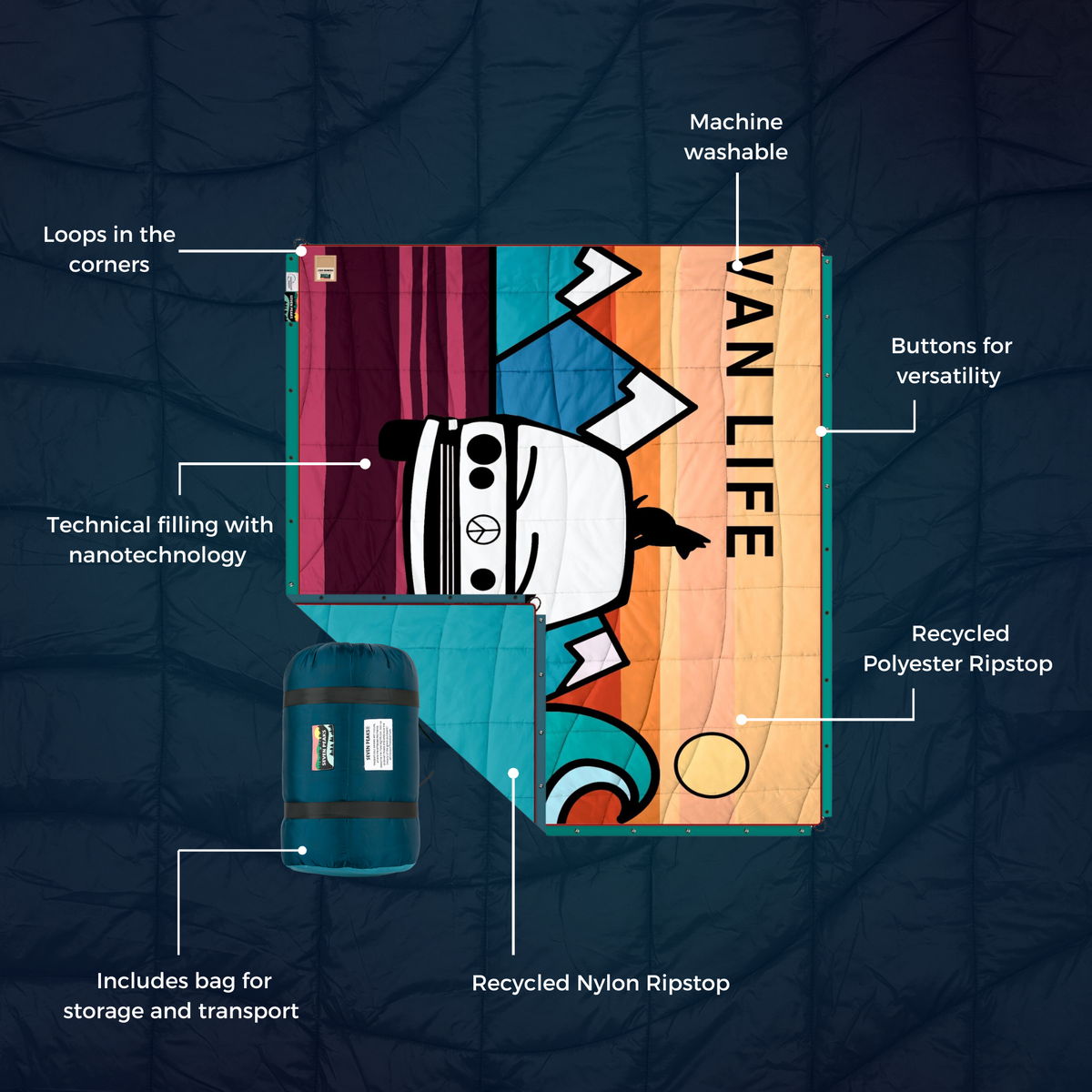 Forager Provisions LTD Seven Peaks van life comforter with adventure print, recycled ripstop fabric, and carry bag.