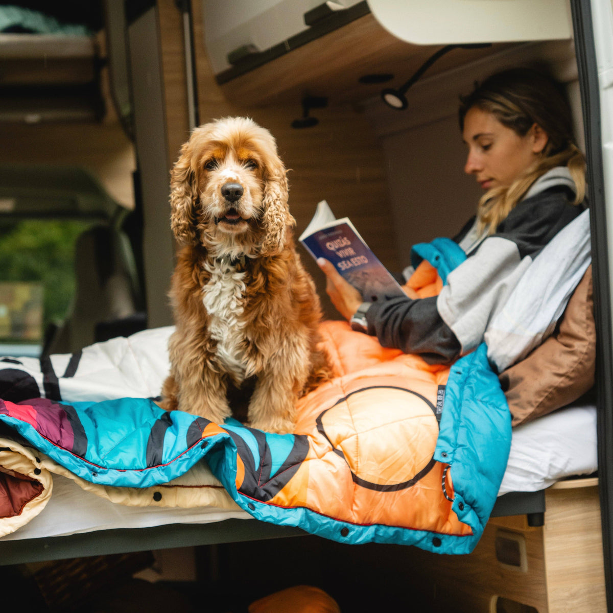 Forager Provisions LTD Seven Peaks all-terrain van life comforter with a dog sitting on a bed inside a campervan