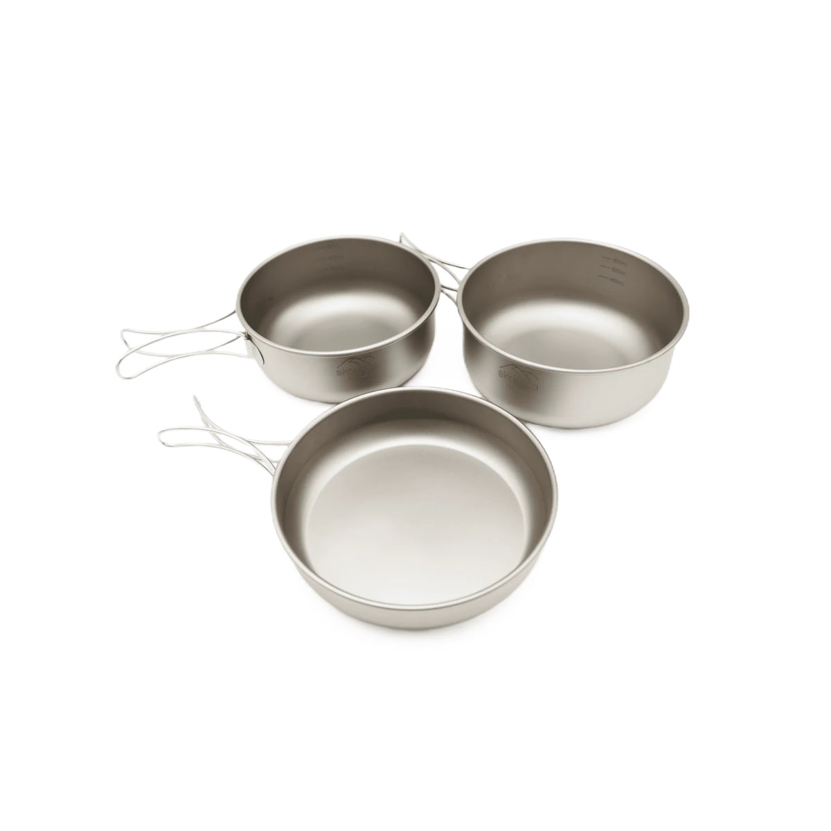 Forager Provisions LTD Skreppa 3-piece titanium camping cook set with folding handles and internal measurement markings