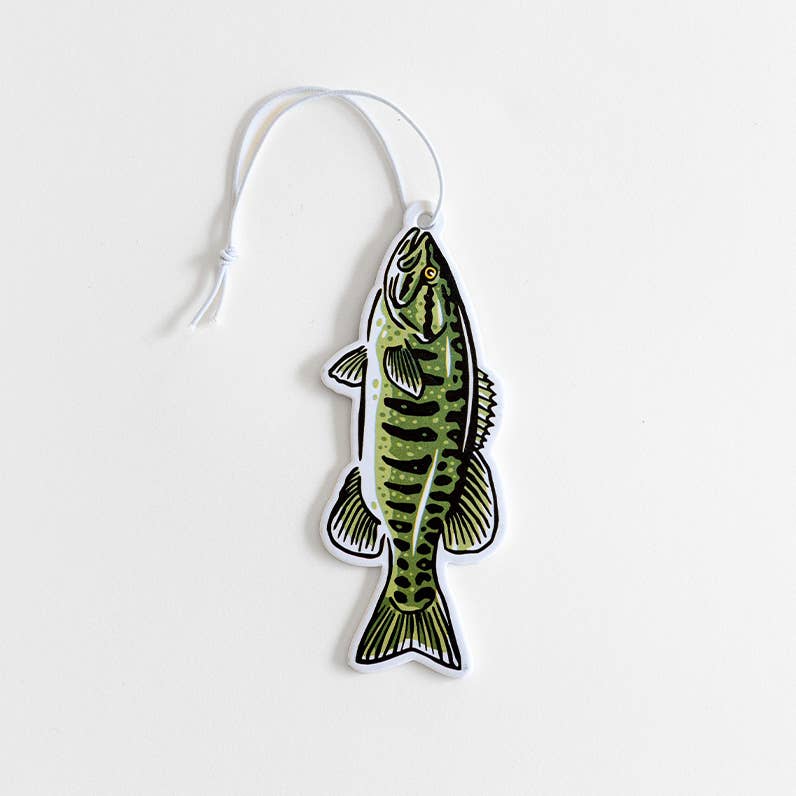Forager Provisions LTD Smallmouth Bass air freshener with hand-illustrated green fish design and lemongrass scent.
