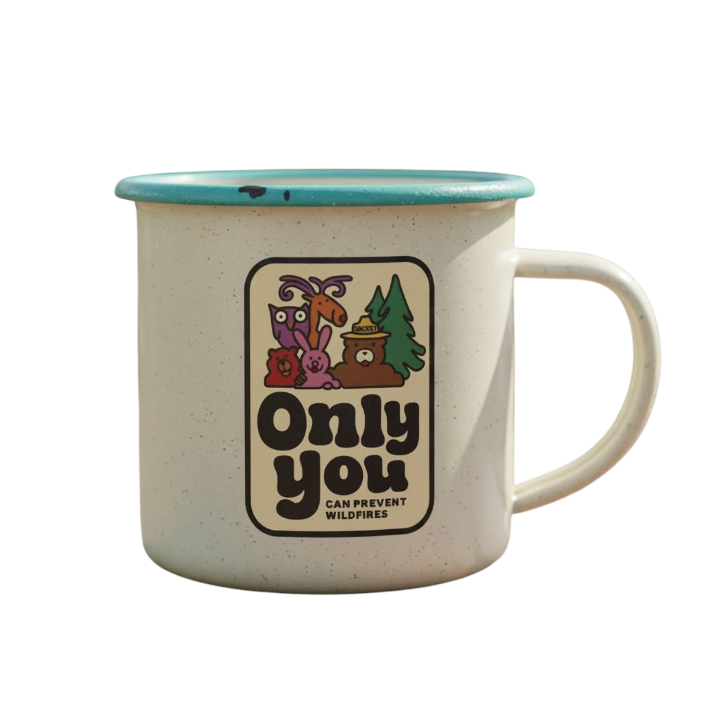Forager Provisions LTD enamel mug featuring a vintage Smokey Bear Only You Can Prevent Wildfires sticker design
