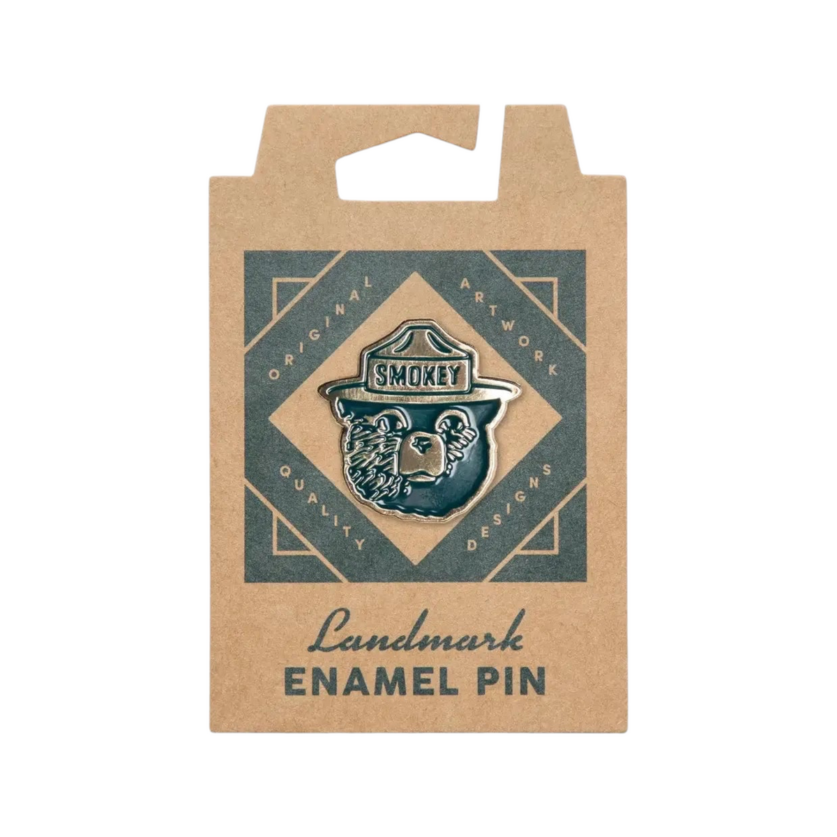 Smokey Bear enamel pin by The Landmark Project on geometric cardâideal for wildfire prevention supporters and collectors.